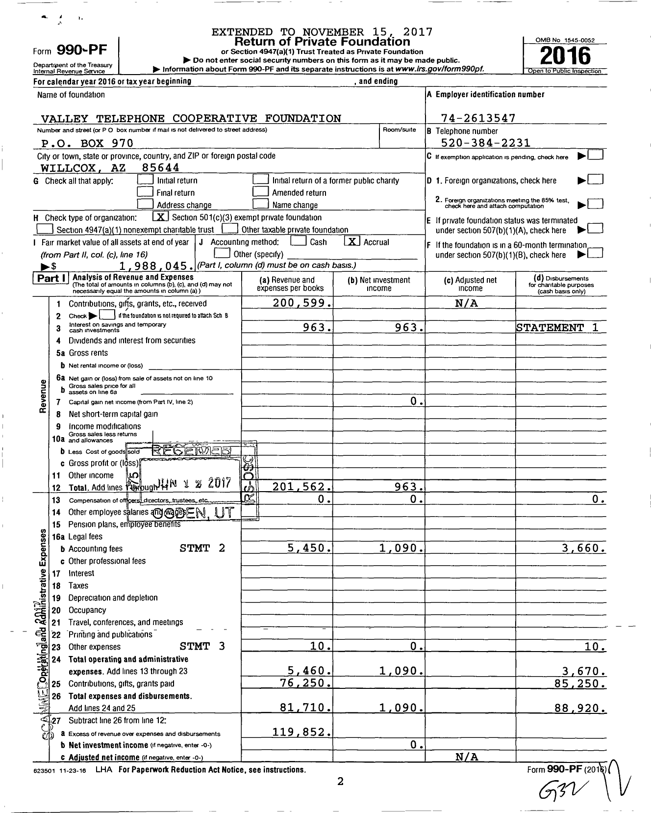 Image of first page of 2016 Form 990PF for Valley Telephone Cooperative Foundation