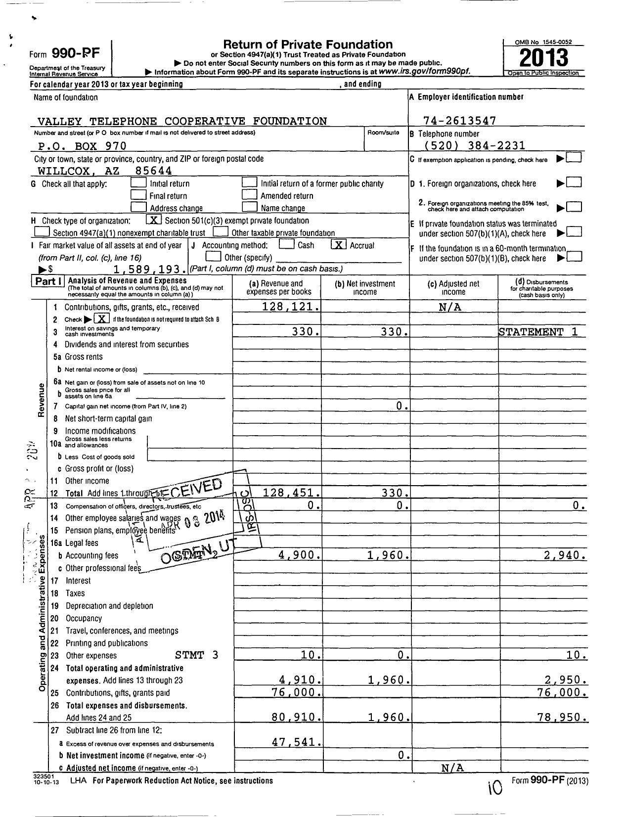Image of first page of 2013 Form 990PF for Valley Telephone Cooperative Foundation