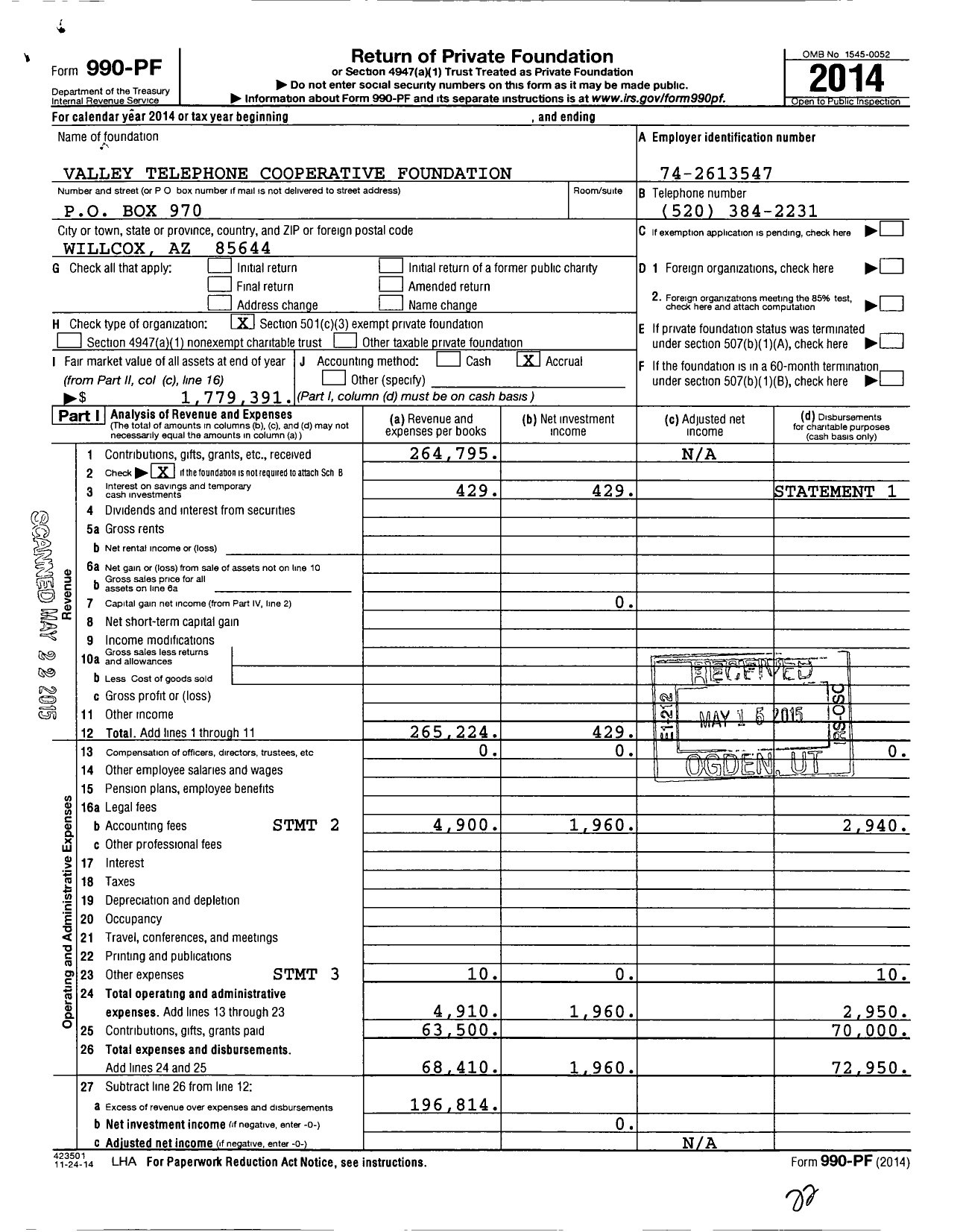 Image of first page of 2014 Form 990PF for Valley Telephone Cooperative Foundation