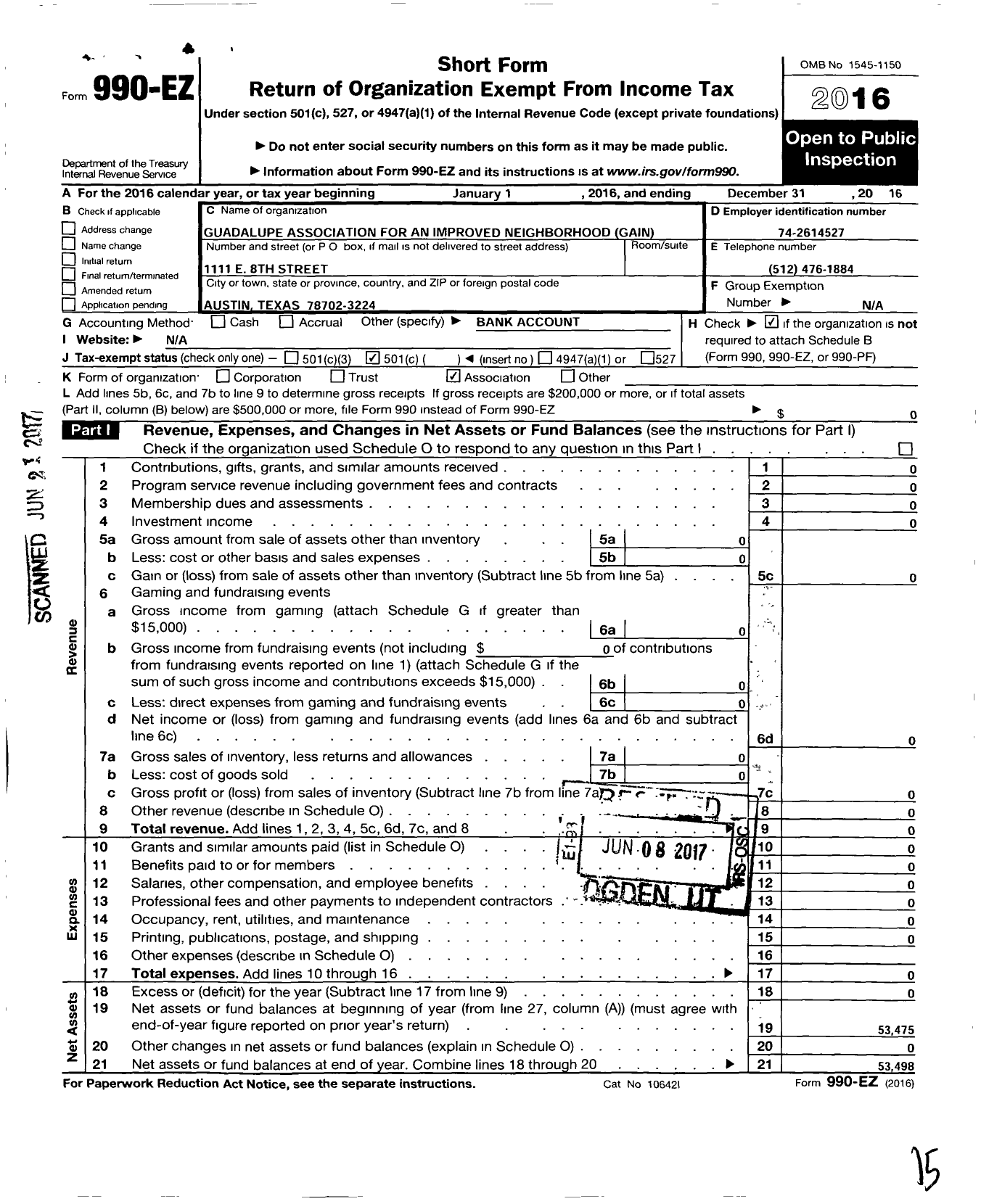 Image of first page of 2016 Form 990EO for Guadalupe Association for An Improved Neighborhood