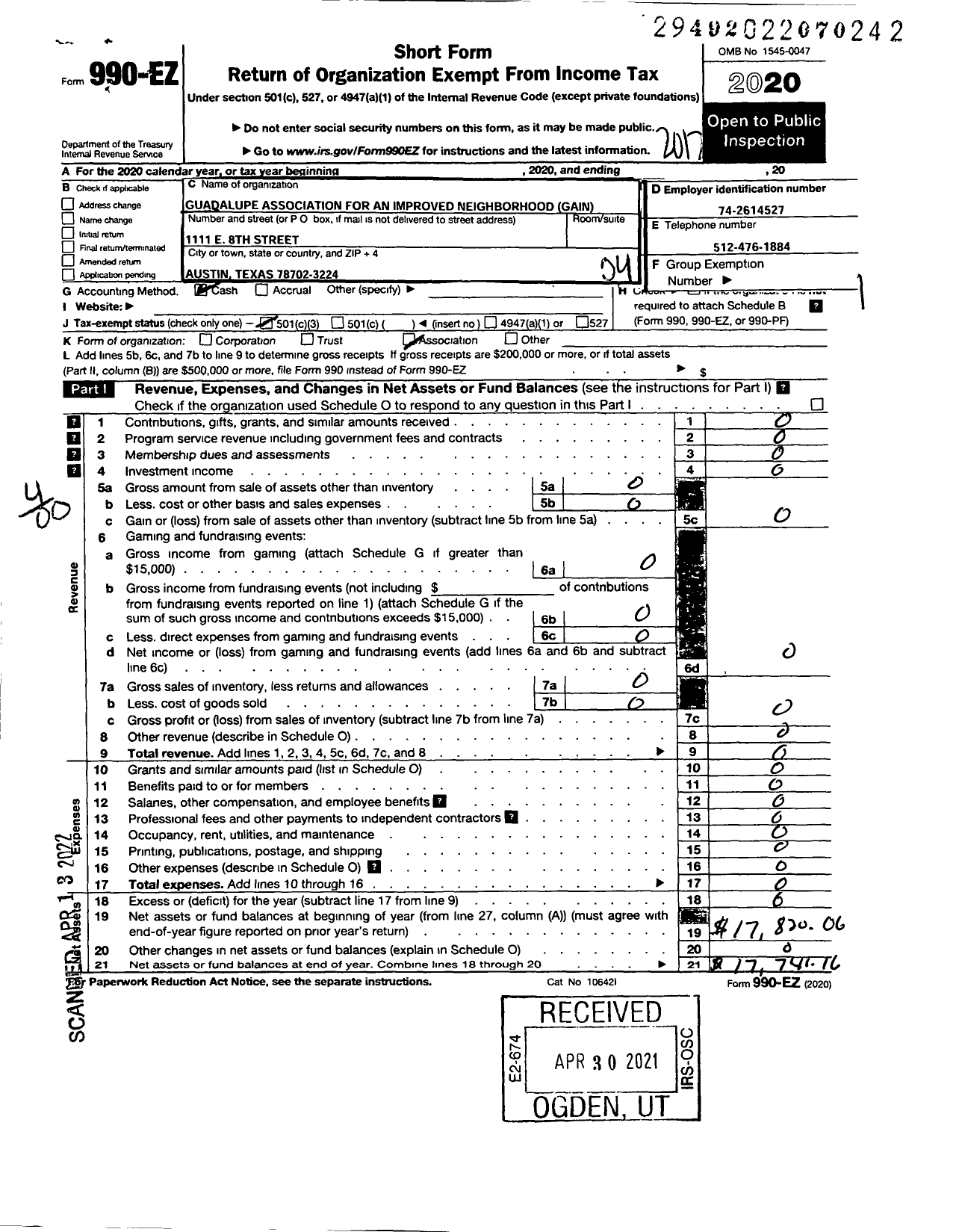 Image of first page of 2020 Form 990EO for Guadalupe Association for An Improved Neighborhood