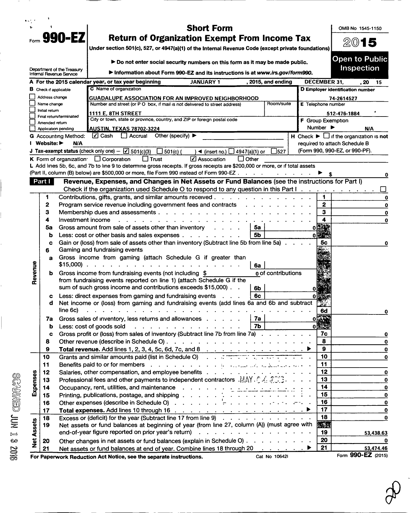 Image of first page of 2015 Form 990EZ for Guadalupe Association for An Improved Neighborhood