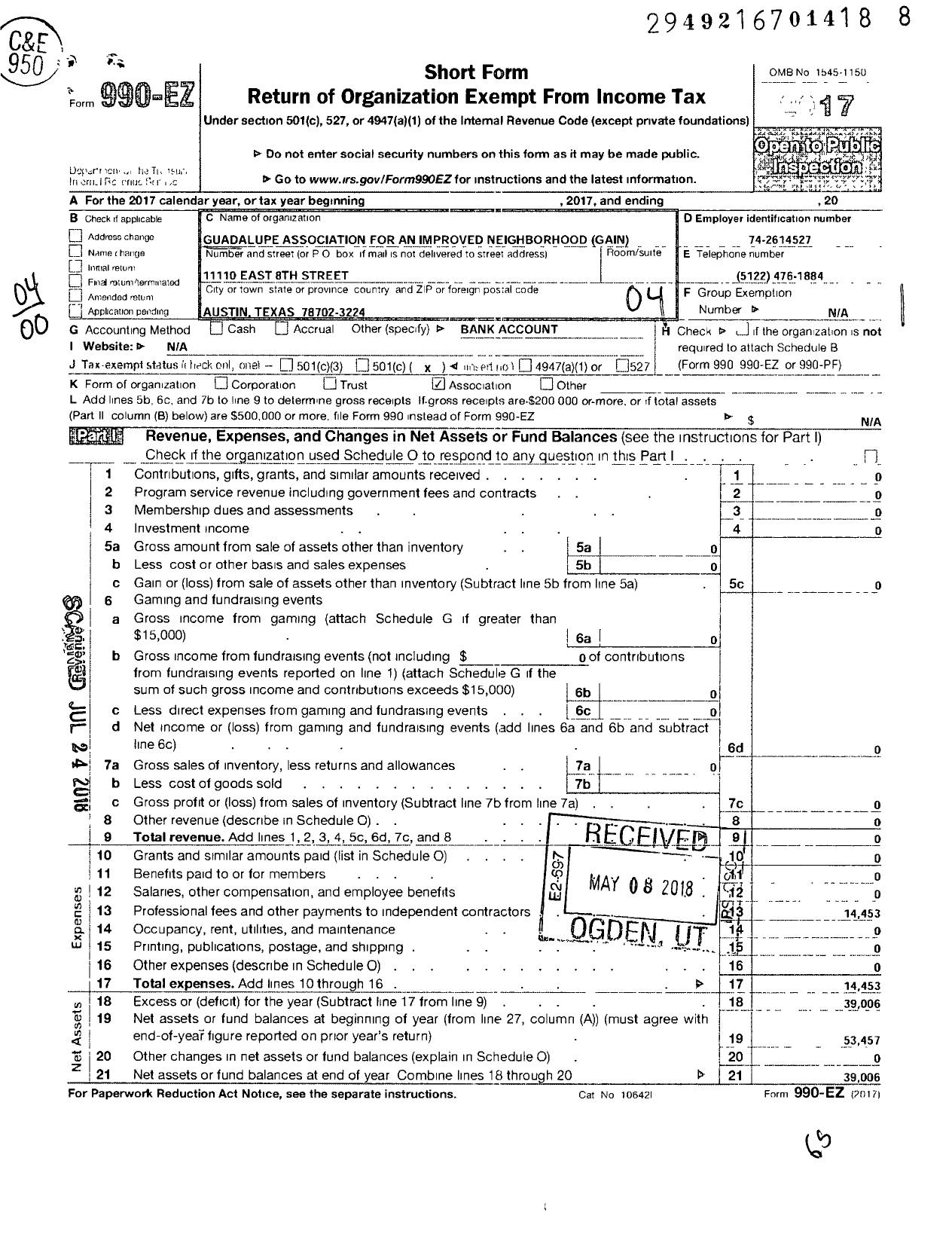 Image of first page of 2017 Form 990EO for Guadalupe Association for An Improved Neighborhood