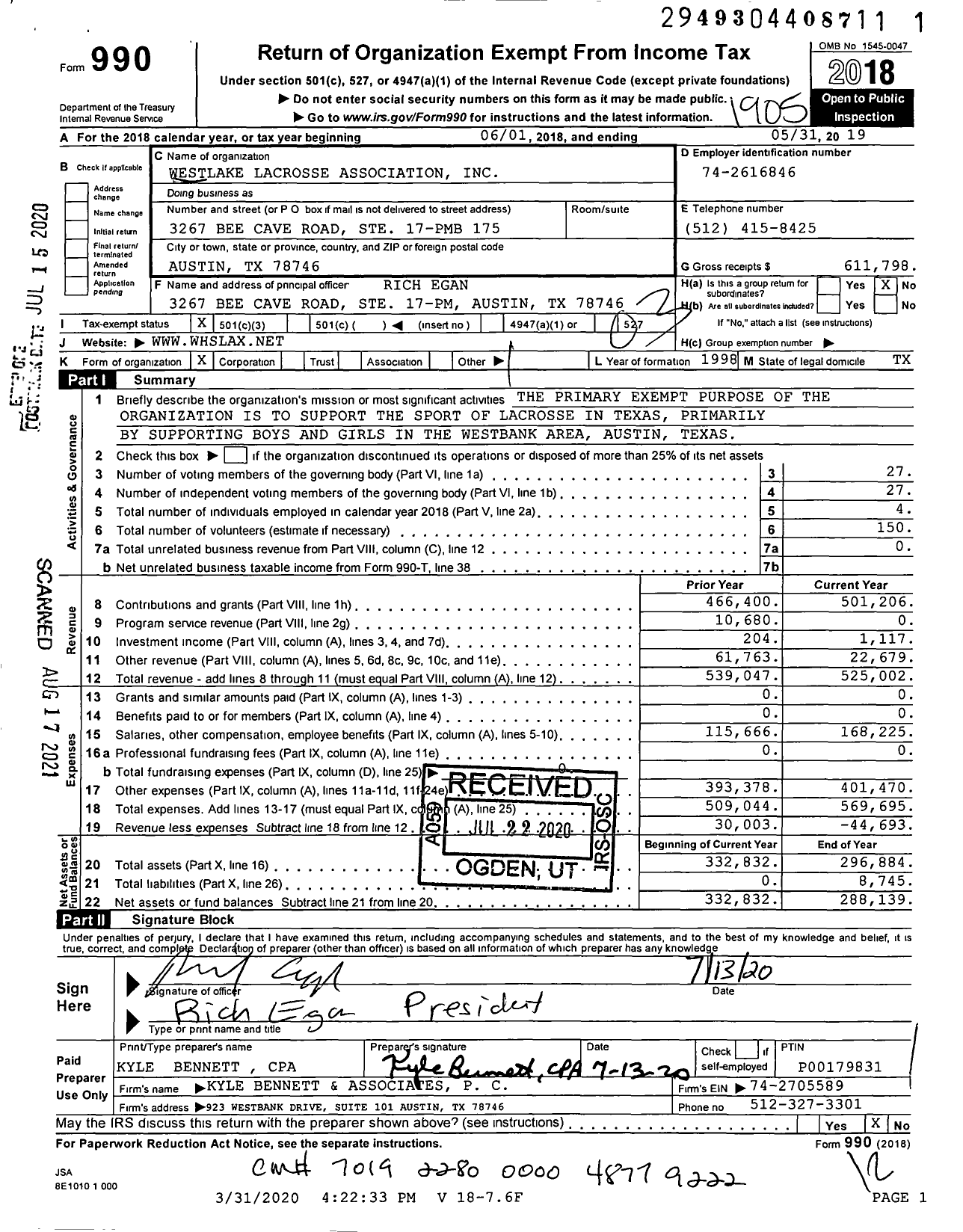 Image of first page of 2018 Form 990 for Westlake Lacrosse Association