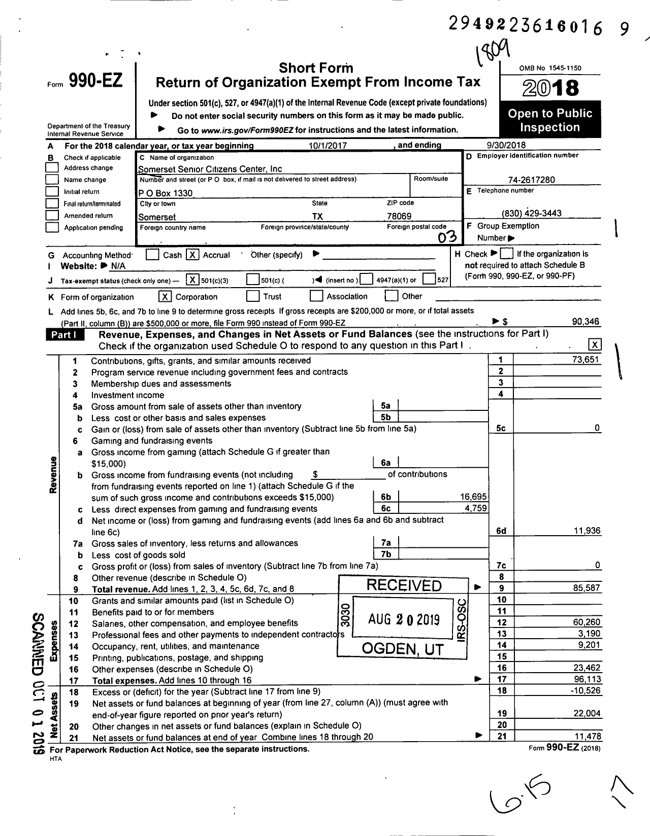 Image of first page of 2017 Form 990EZ for Somerset Senior Citizens Center