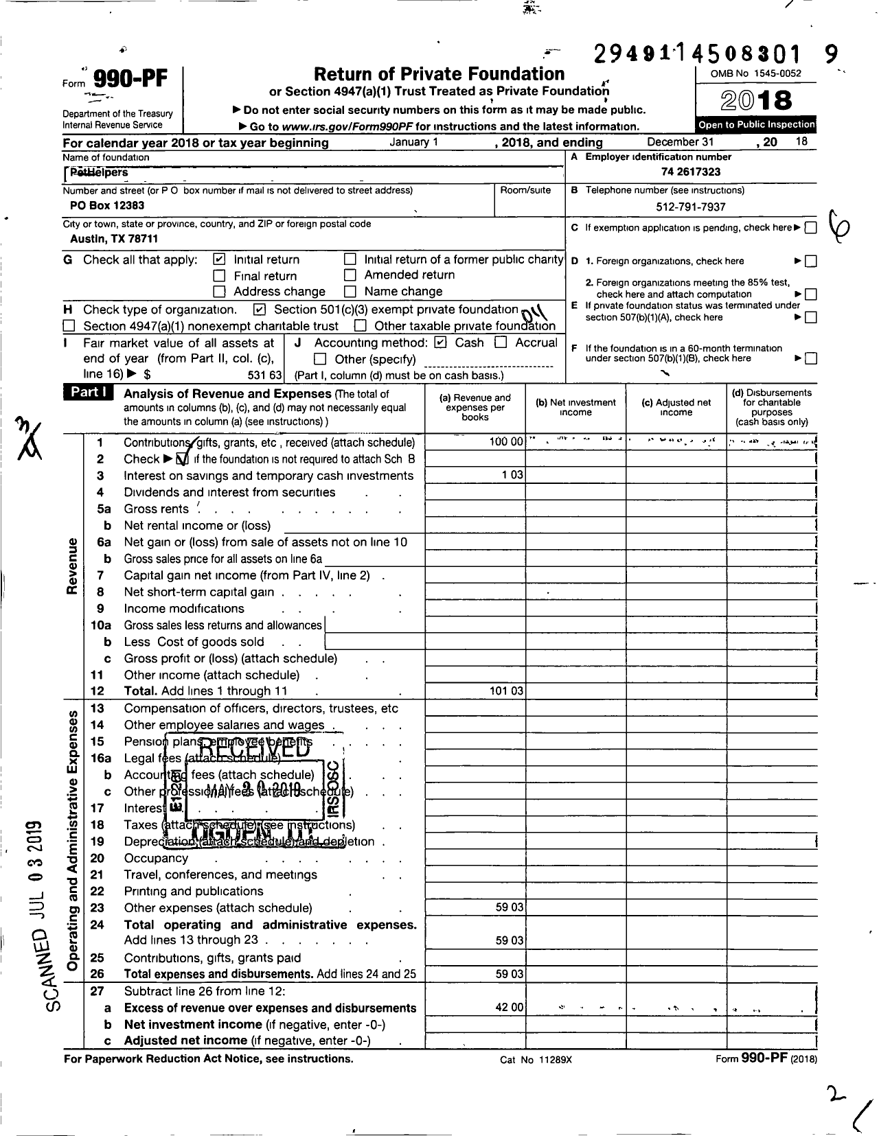 Image of first page of 2018 Form 990PF for Pet Helpers