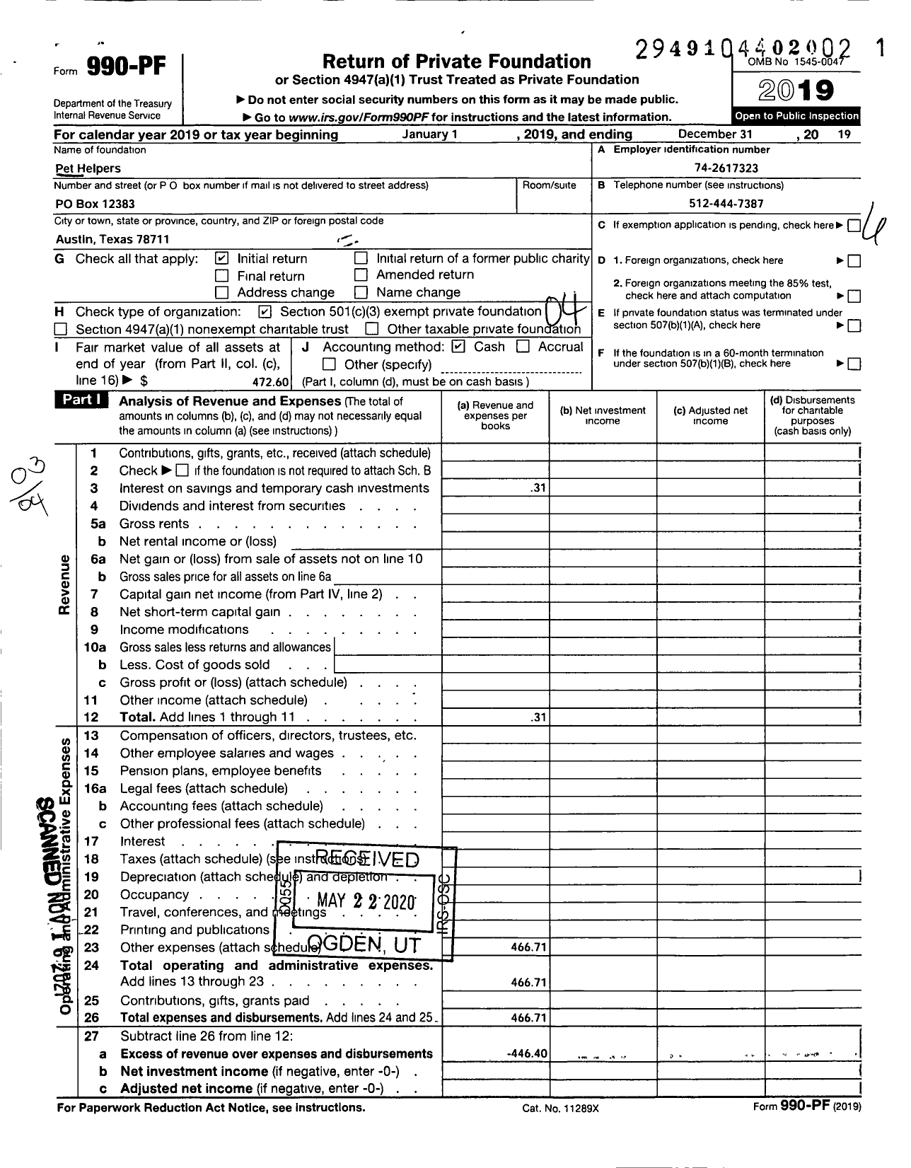 Image of first page of 2019 Form 990PF for Pet Helpers