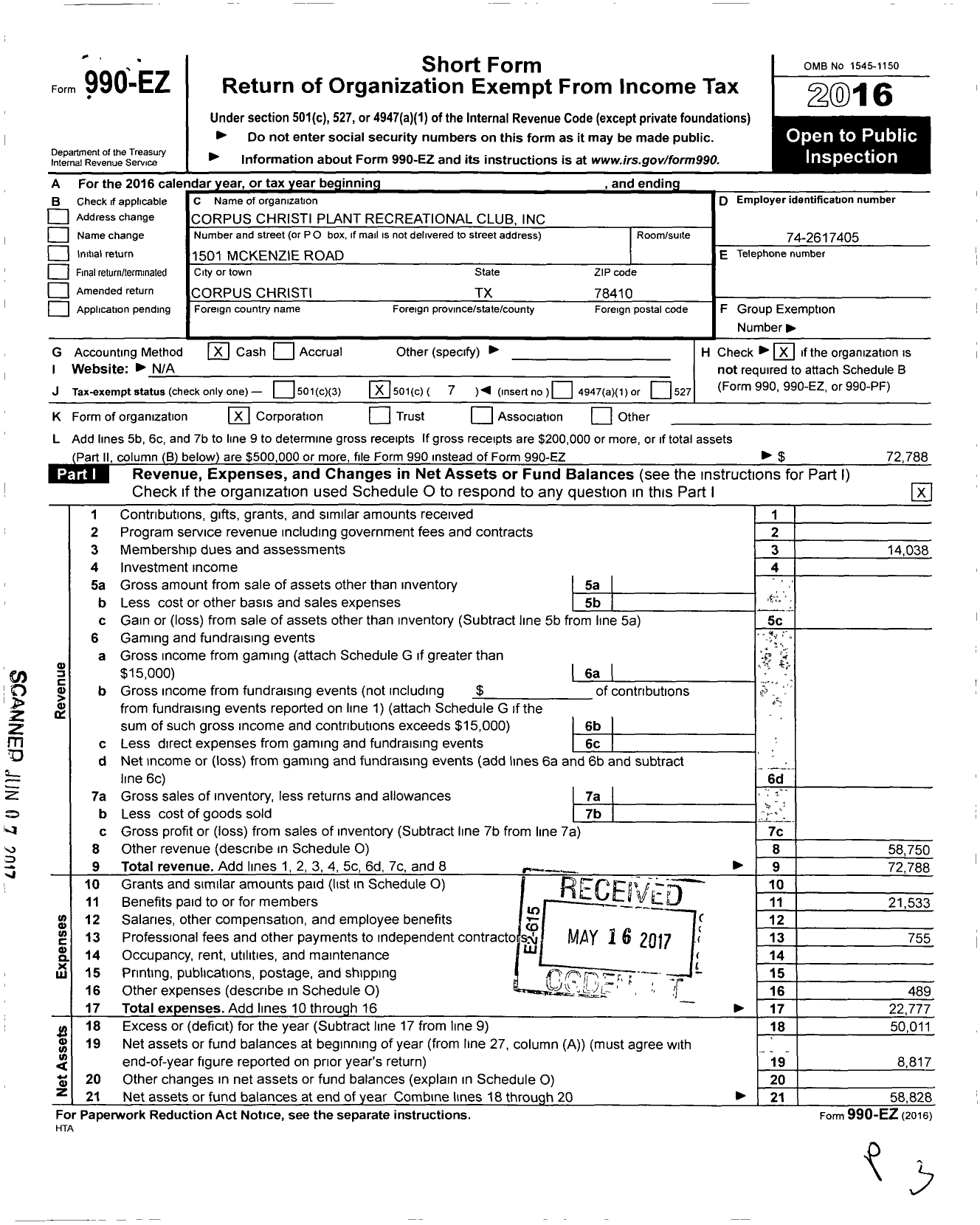 Image of first page of 2016 Form 990EO for Corpus Christi Plant Recreational Club