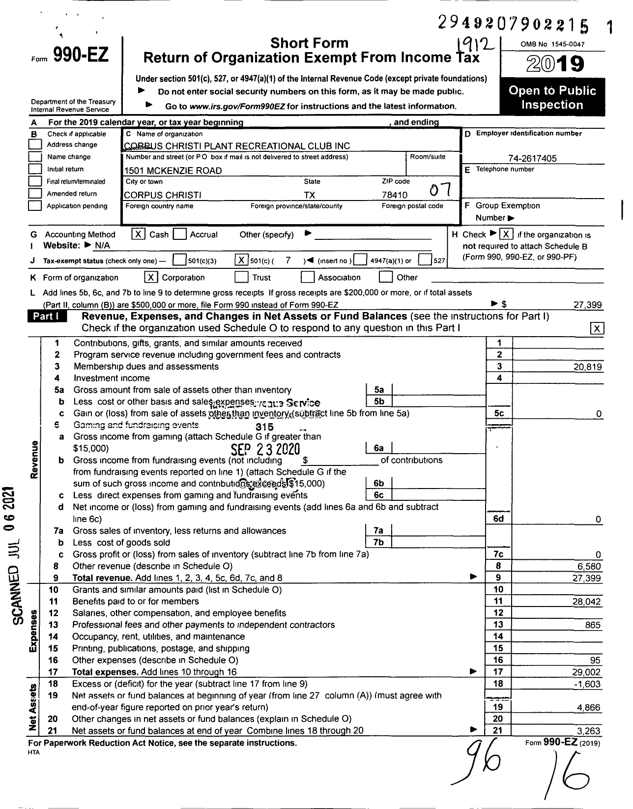 Image of first page of 2019 Form 990EO for Corpus Christi Plant Recreational Club