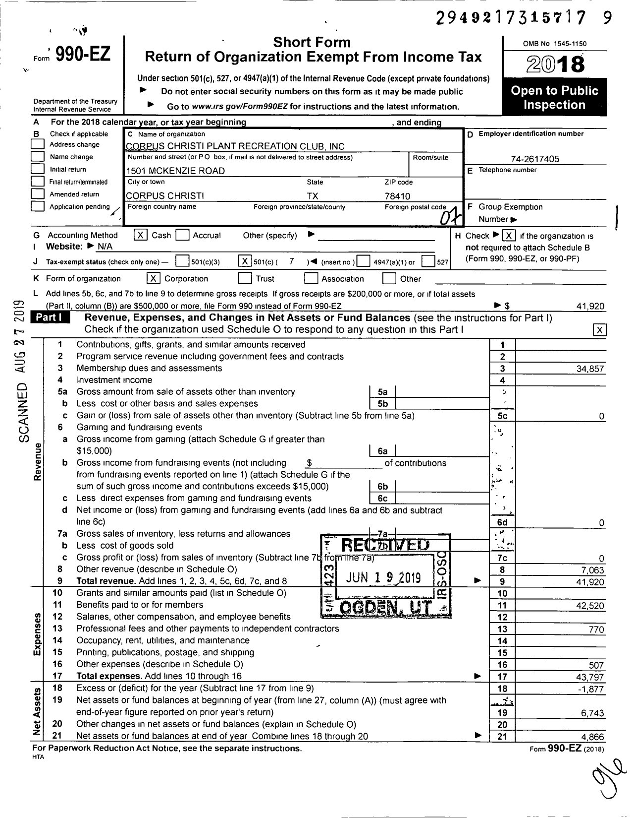 Image of first page of 2018 Form 990EO for Corpus Christi Plant Recreational Club