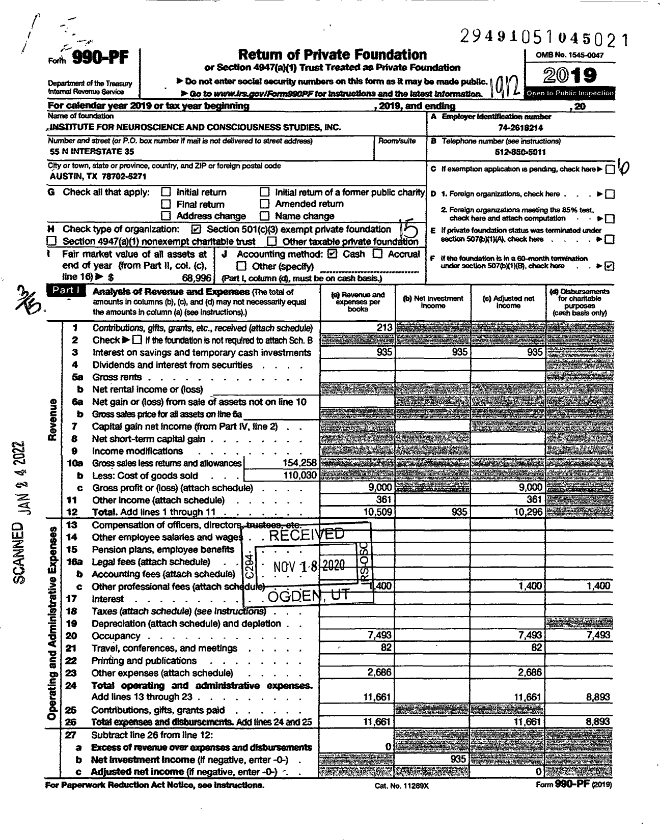 Image of first page of 2019 Form 990PF for Institute for Neuroscience and Consciousness Studies