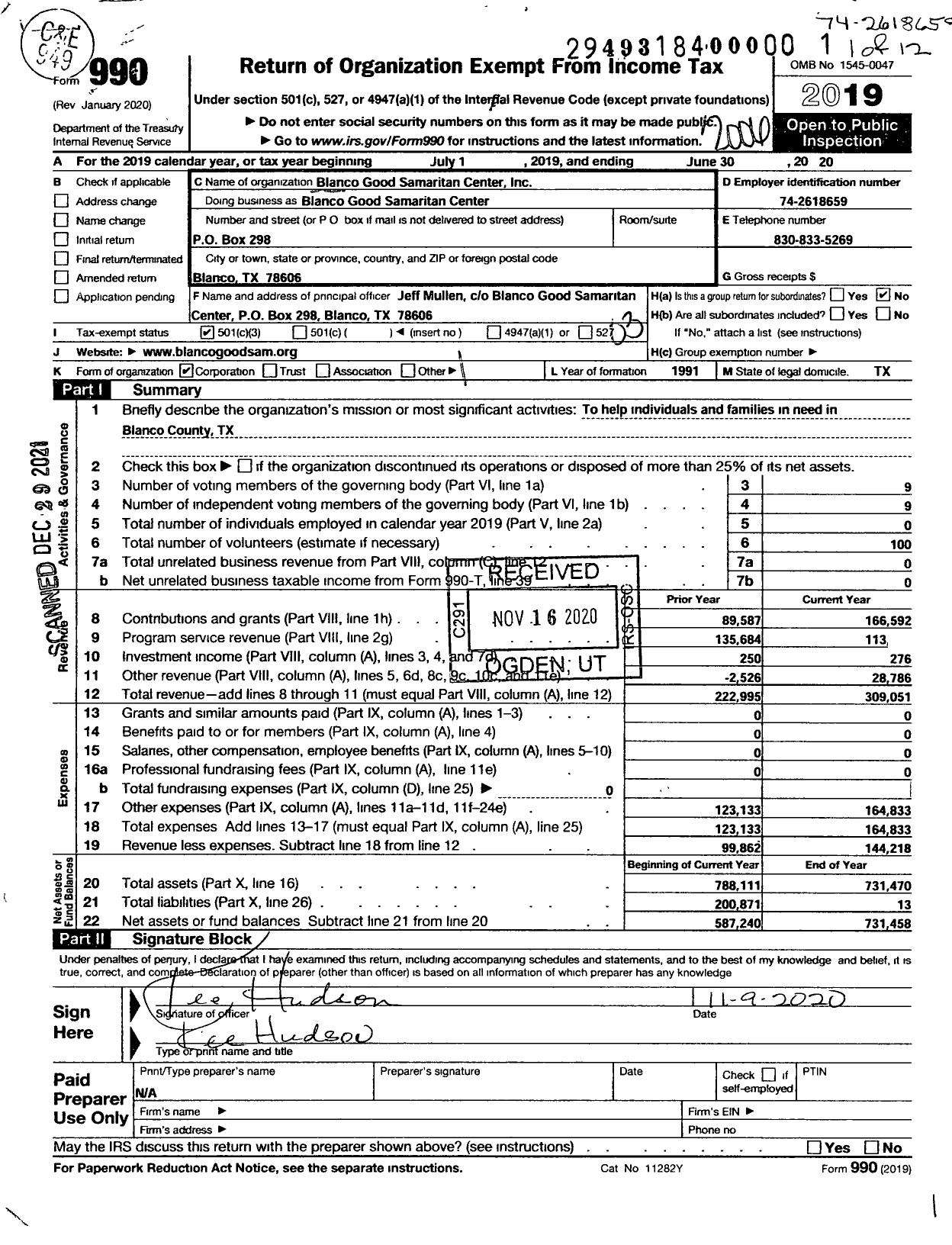 Image of first page of 2019 Form 990 for Blanco Good Samaritan Center