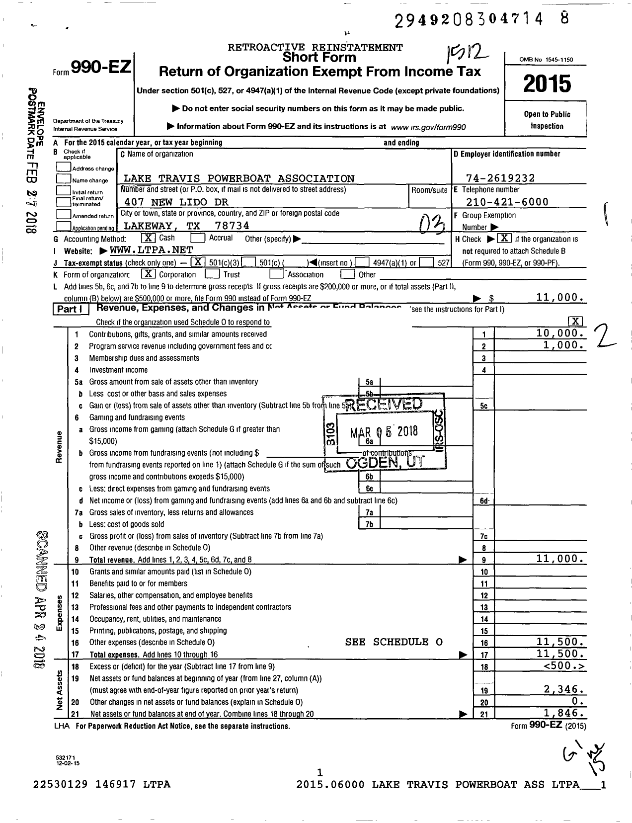 Image of first page of 2015 Form 990EZ for Lake Travis Powerboat Association