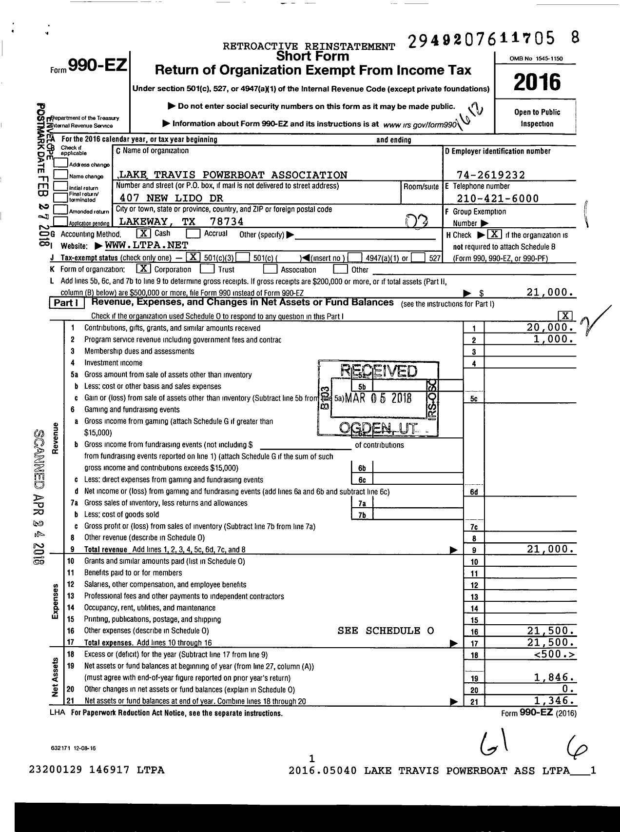 Image of first page of 2016 Form 990EZ for Lake Travis Powerboat Association