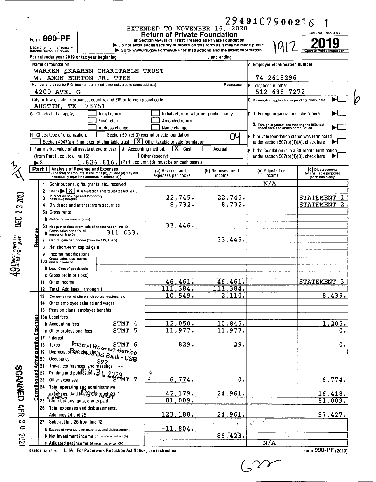 Image of first page of 2019 Form 990PF for Warren Skaaren Charitable Trust