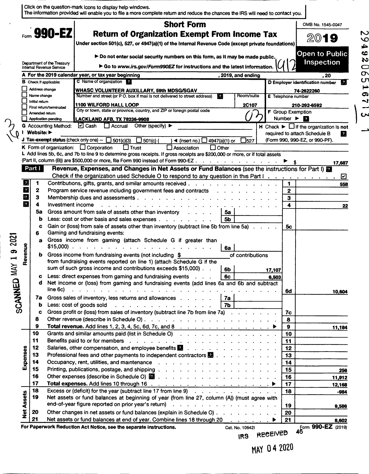 Image of first page of 2019 Form 990EZ for Whasc Volunteer Auxillary 59th MDSG Sgav