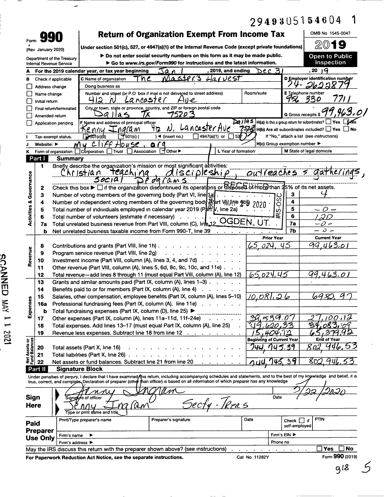 Image of first page of 2019 Form 990 for CliffHouse Ministries