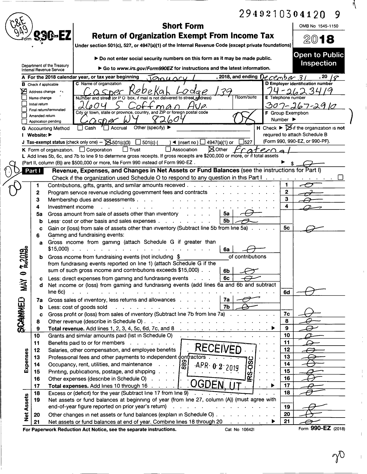 Image of first page of 2018 Form 990EO for Independent Order of Odd Fellows - 139 CASPER REBEKAH LODGE