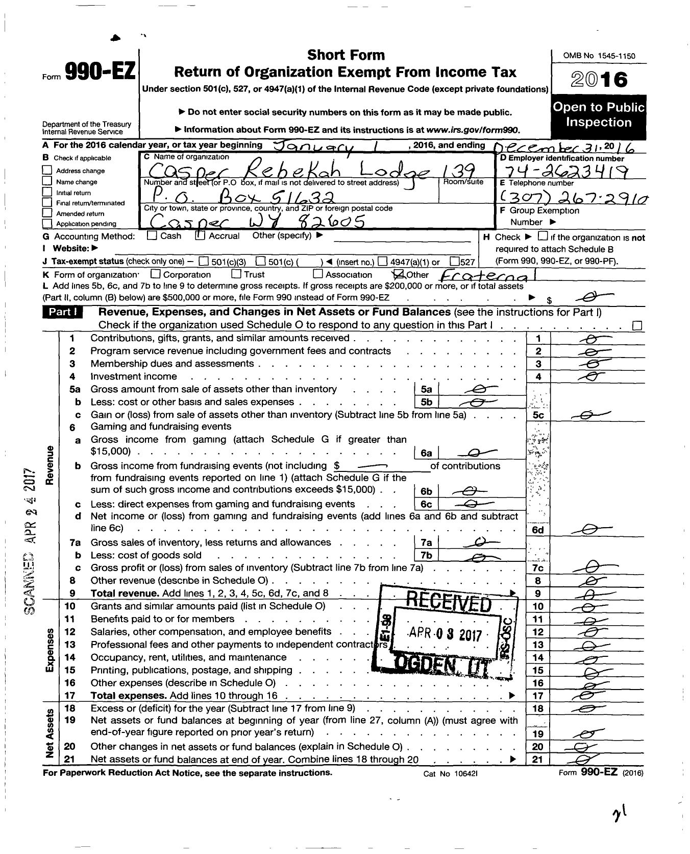 Image of first page of 2016 Form 990EO for Independent Order of Odd Fellows - 139 CASPER REBEKAH LODGE