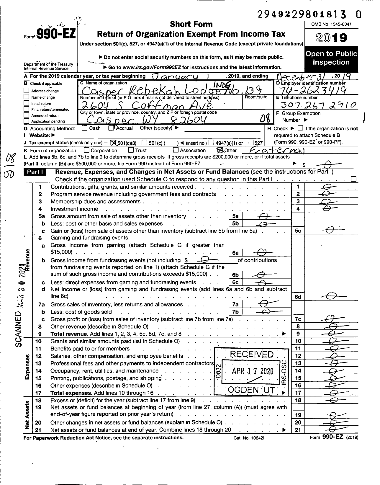 Image of first page of 2019 Form 990EO for Independent Order of Odd Fellows - 139 CASPER REBEKAH LODGE