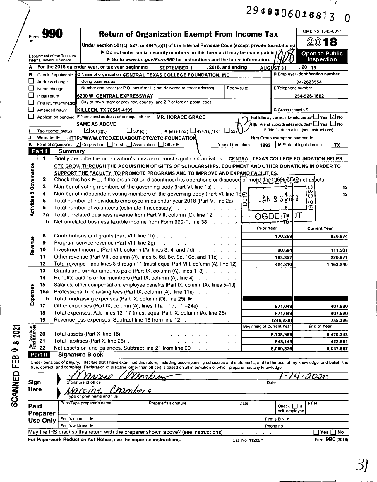 Image of first page of 2018 Form 990 for Central Texas College Foundation