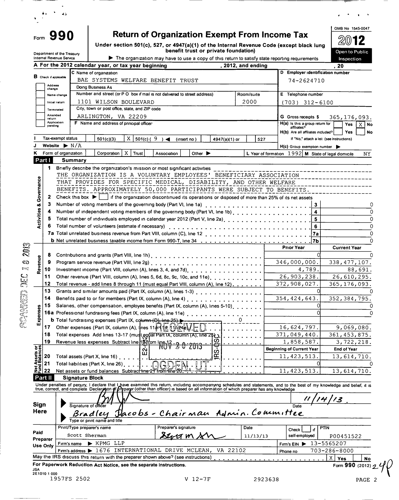 Image of first page of 2012 Form 990O for Bae Systems North America Welfare Benefit Trust