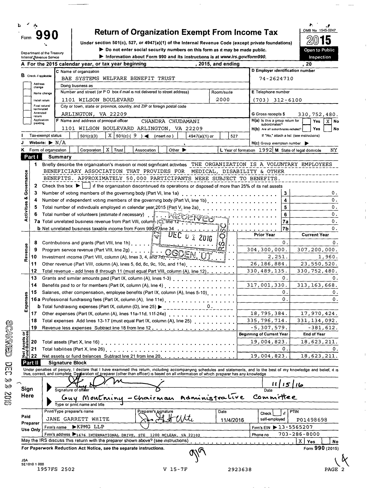 Image of first page of 2015 Form 990O for Bae Systems North America Welfare Benefit Trust