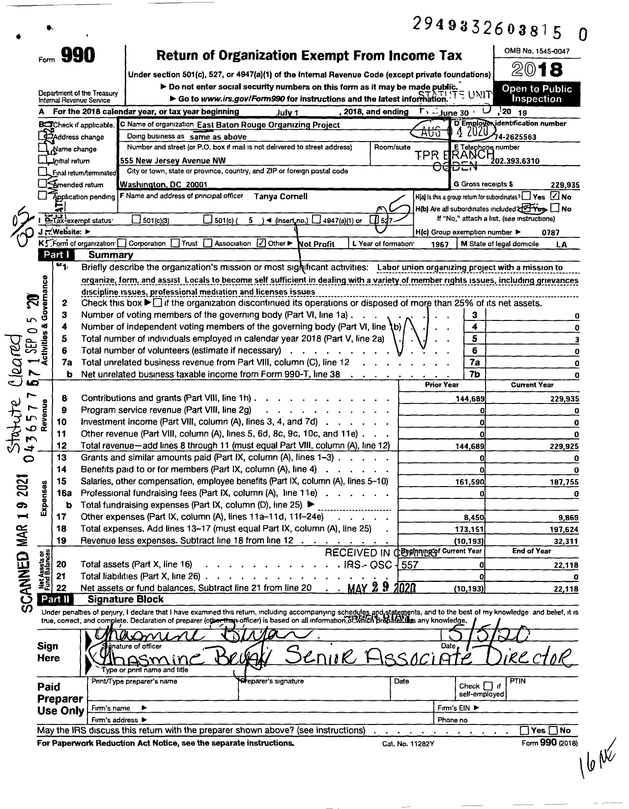 Image of first page of 2018 Form 990O for American Federation of Teachers - Ebrft Organizing Project