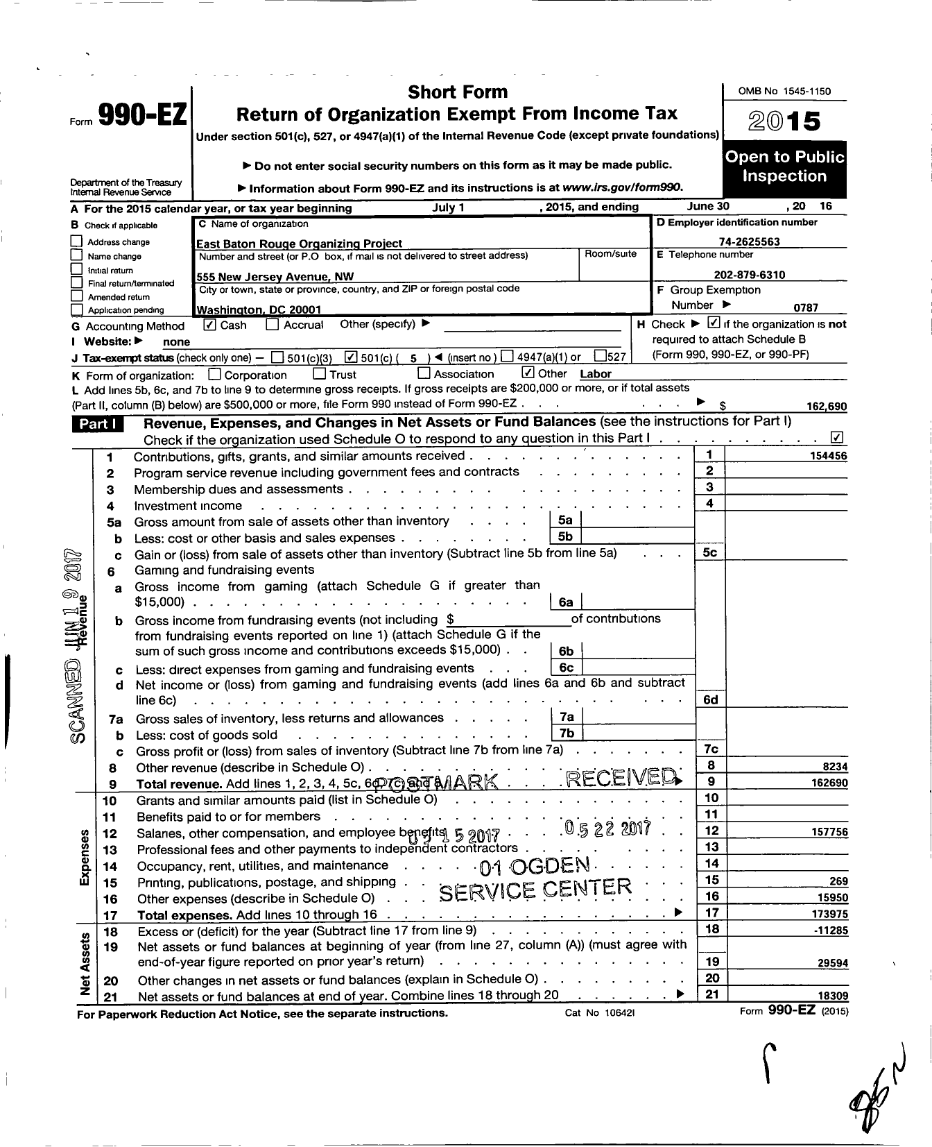 Image of first page of 2015 Form 990EO for American Federation of Teachers - Ebrft Organizing Project