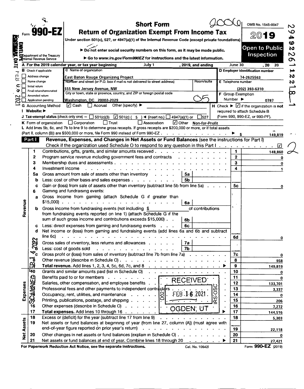 Image of first page of 2019 Form 990EO for American Federation of Teachers - Ebrft Organizing Project