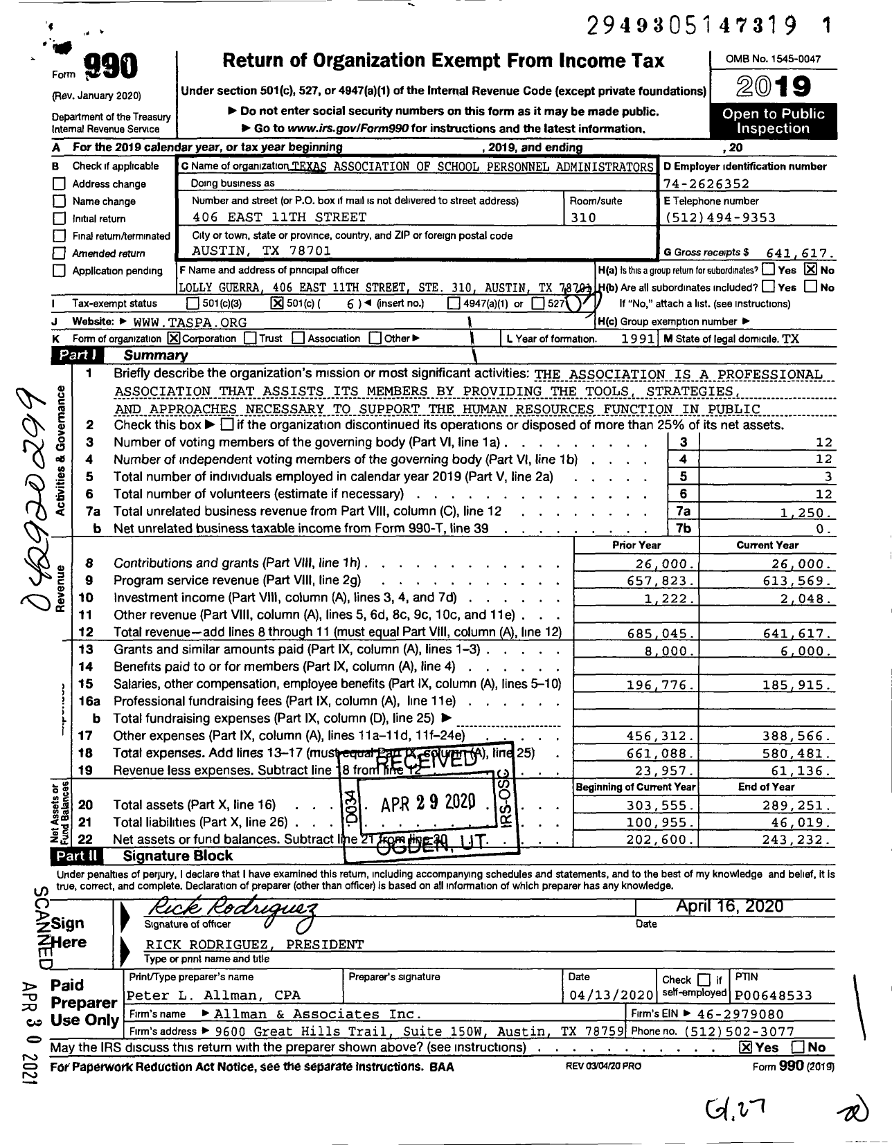 Image of first page of 2019 Form 990 for Texas Association of School Personnel Administrators