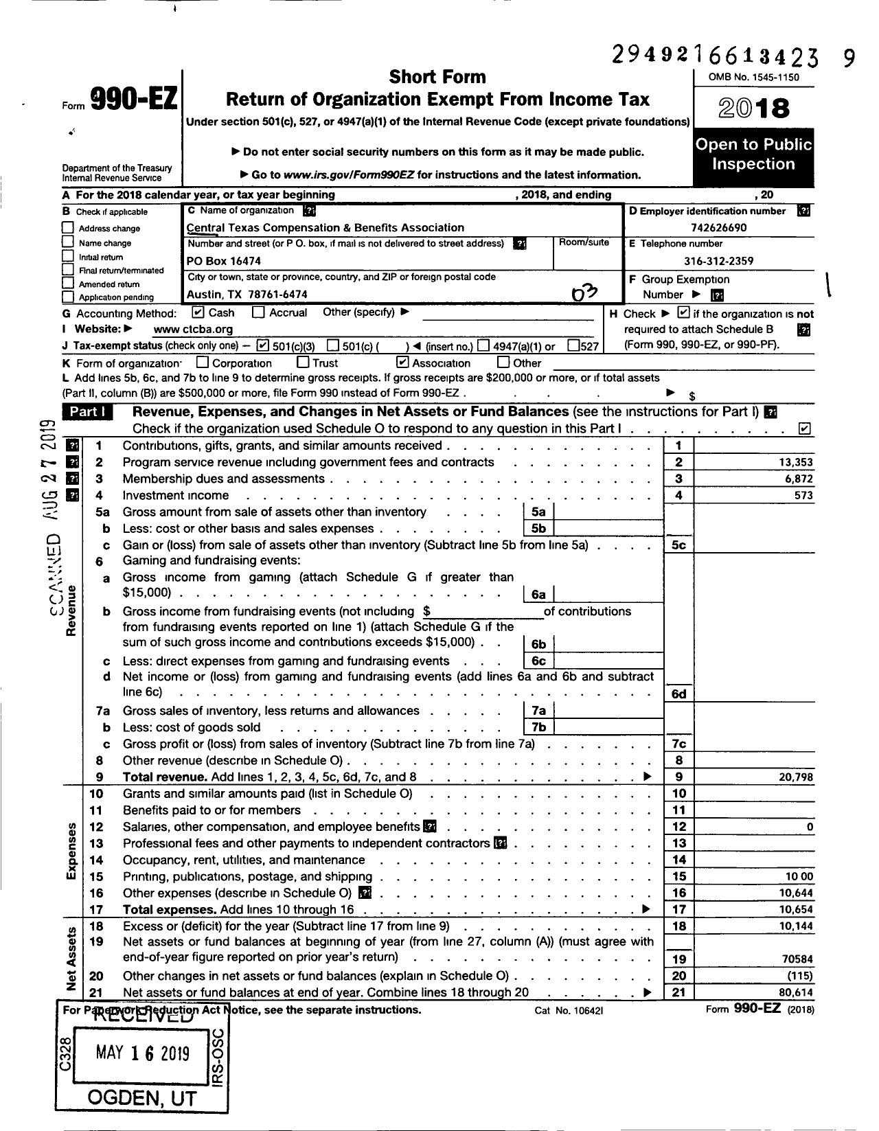 Image of first page of 2018 Form 990EZ for Central Texas Compensation and Benefits Association