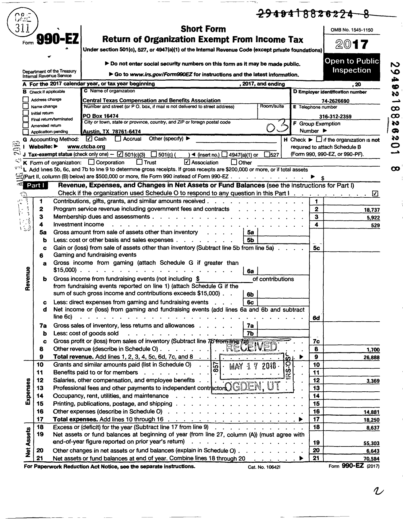 Image of first page of 2017 Form 990EZ for Central Texas Compensation and Benefits Association