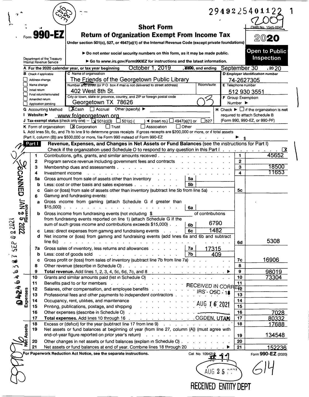 Image of first page of 2019 Form 990EZ for the Friends of the Georgetown Public Library