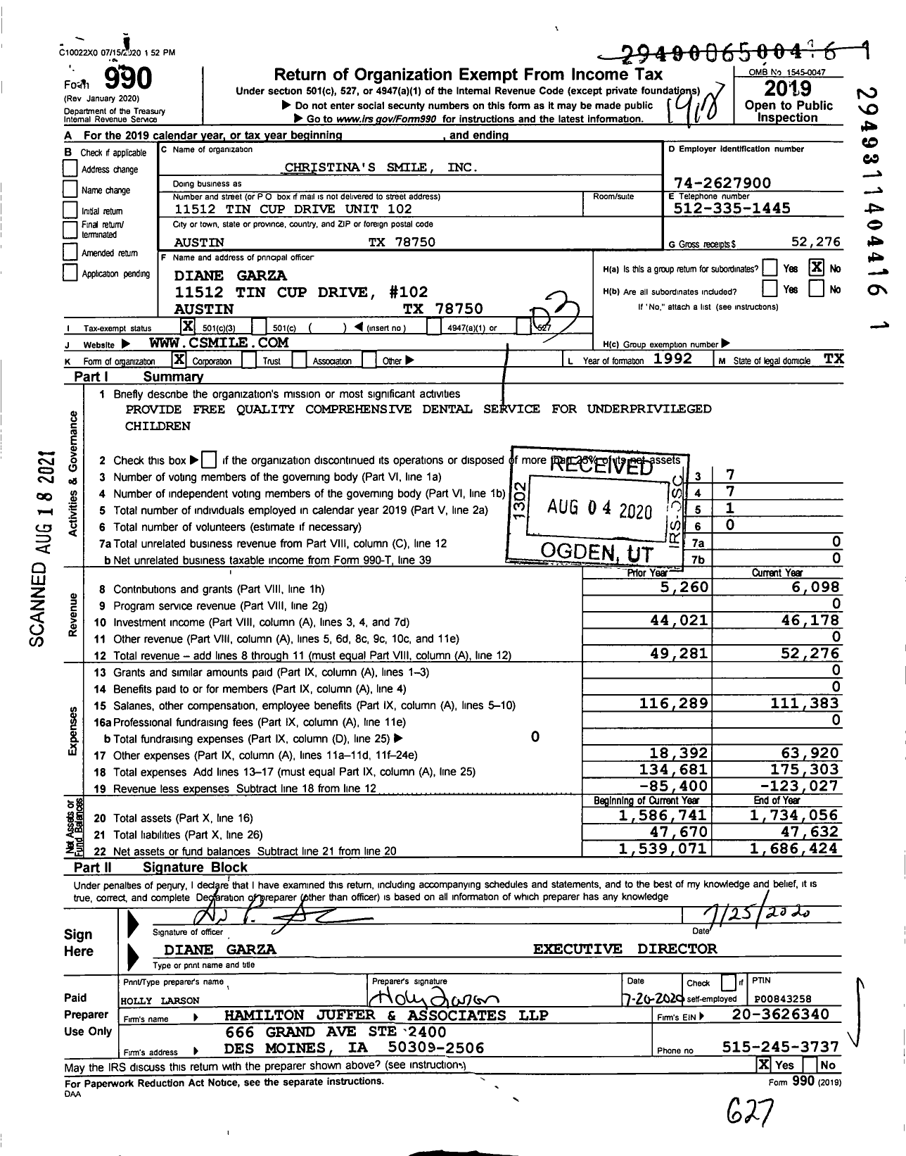 Image of first page of 2019 Form 990 for Christina's Smile