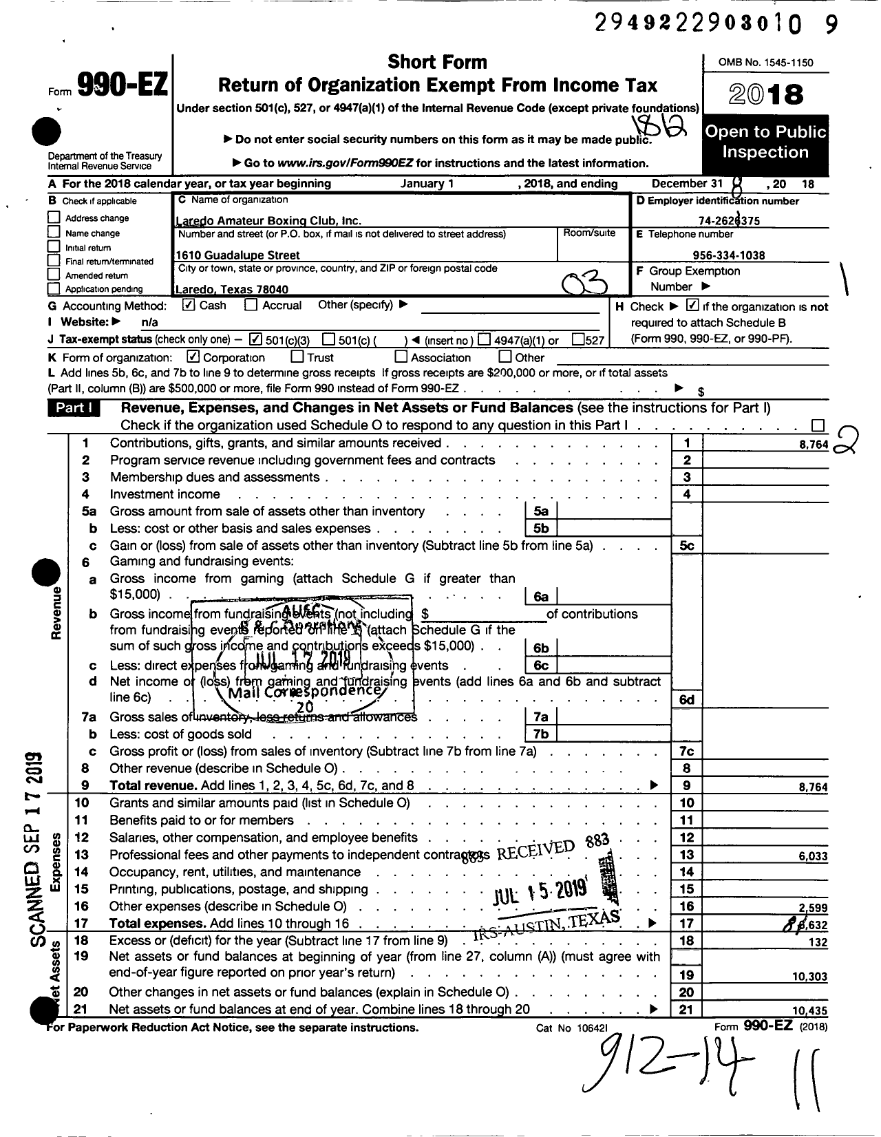 Image of first page of 2018 Form 990EZ for Laredo Amateur Boxing Club