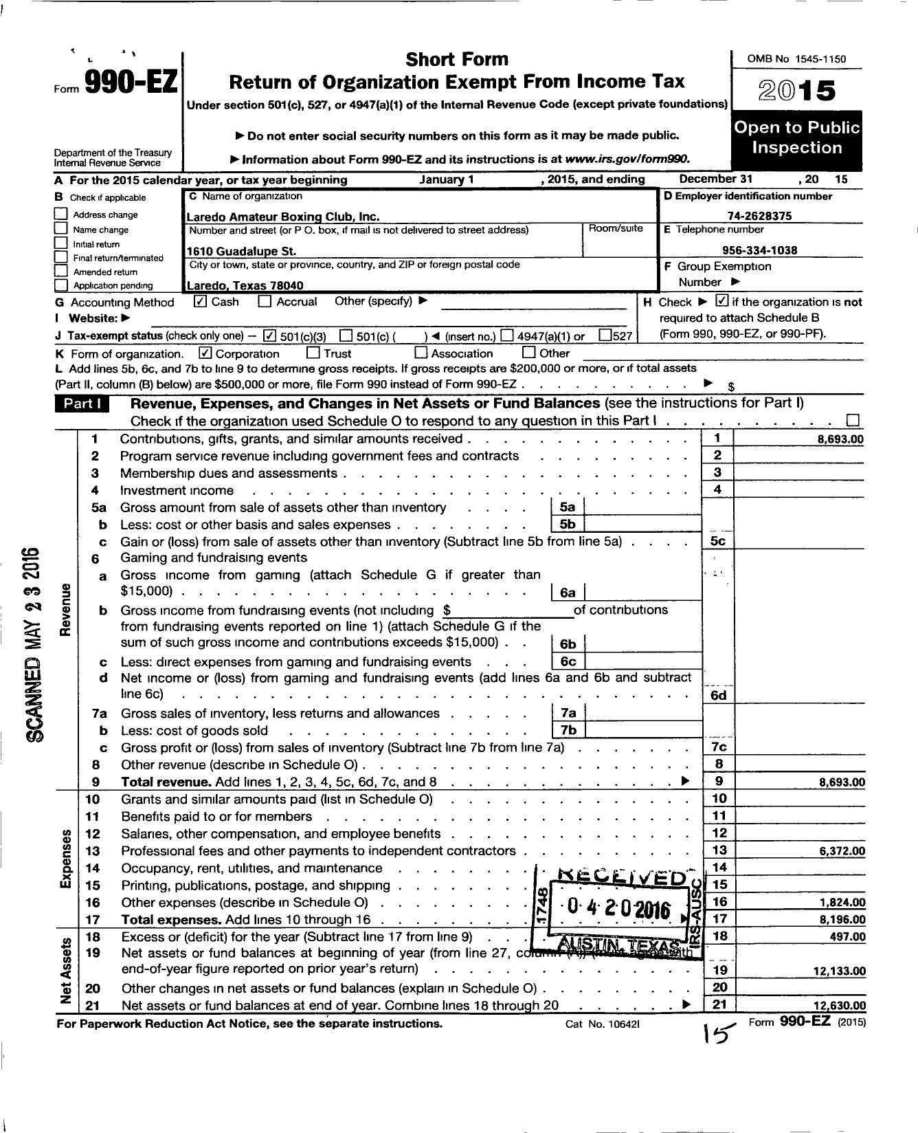 Image of first page of 2015 Form 990EZ for Laredo Amateur Boxing Club