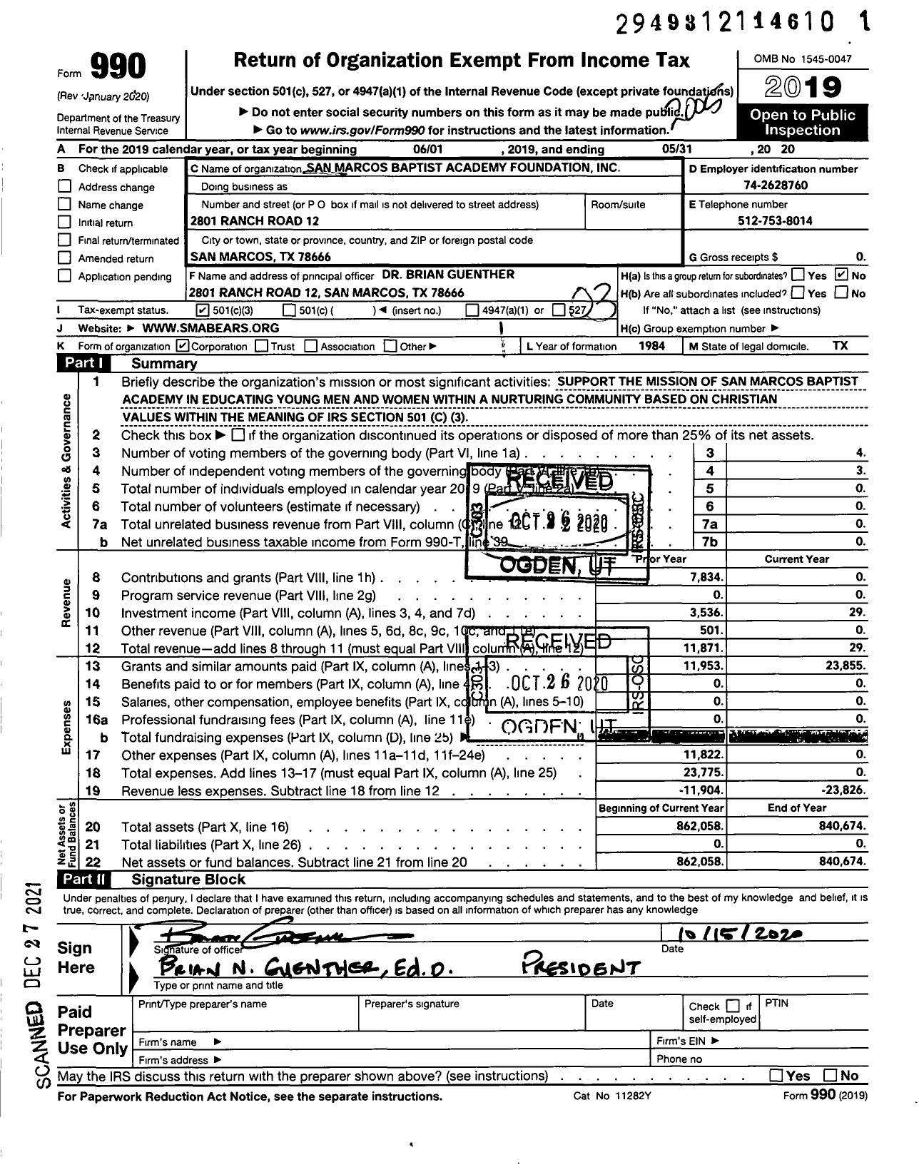 Image of first page of 2019 Form 990 for San Marcos Baptist Academy Foundation