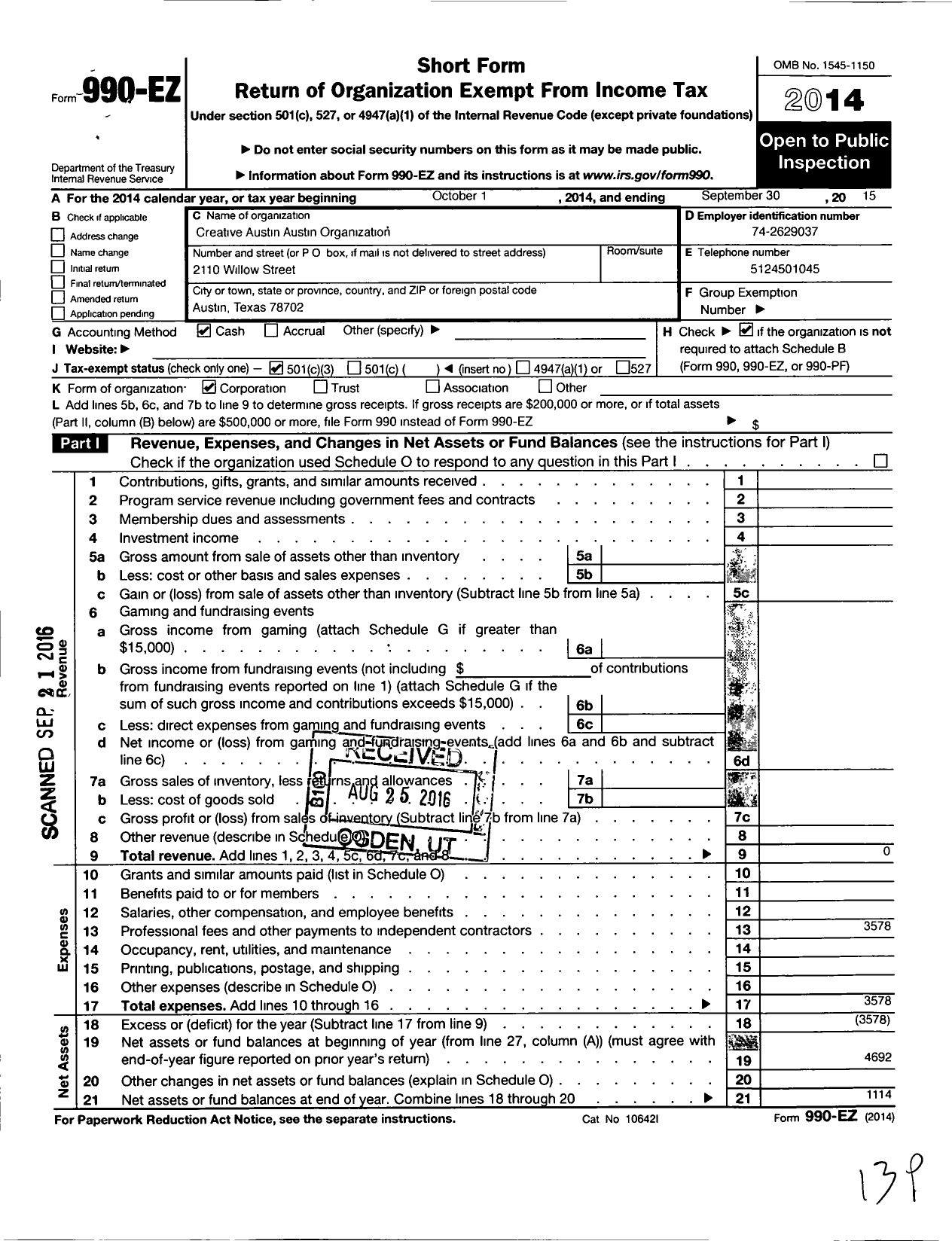 Image of first page of 2014 Form 990EZ for Creative Arts Austin Organization