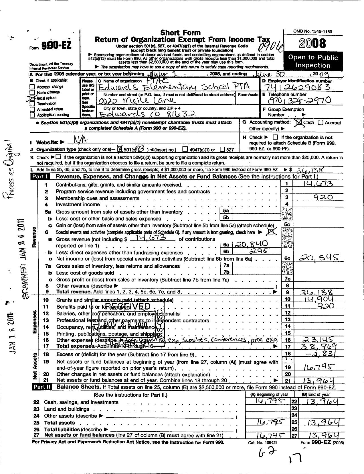 Image of first page of 2008 Form 990EZ for PTA Colorado Congress / Edwards Elementary