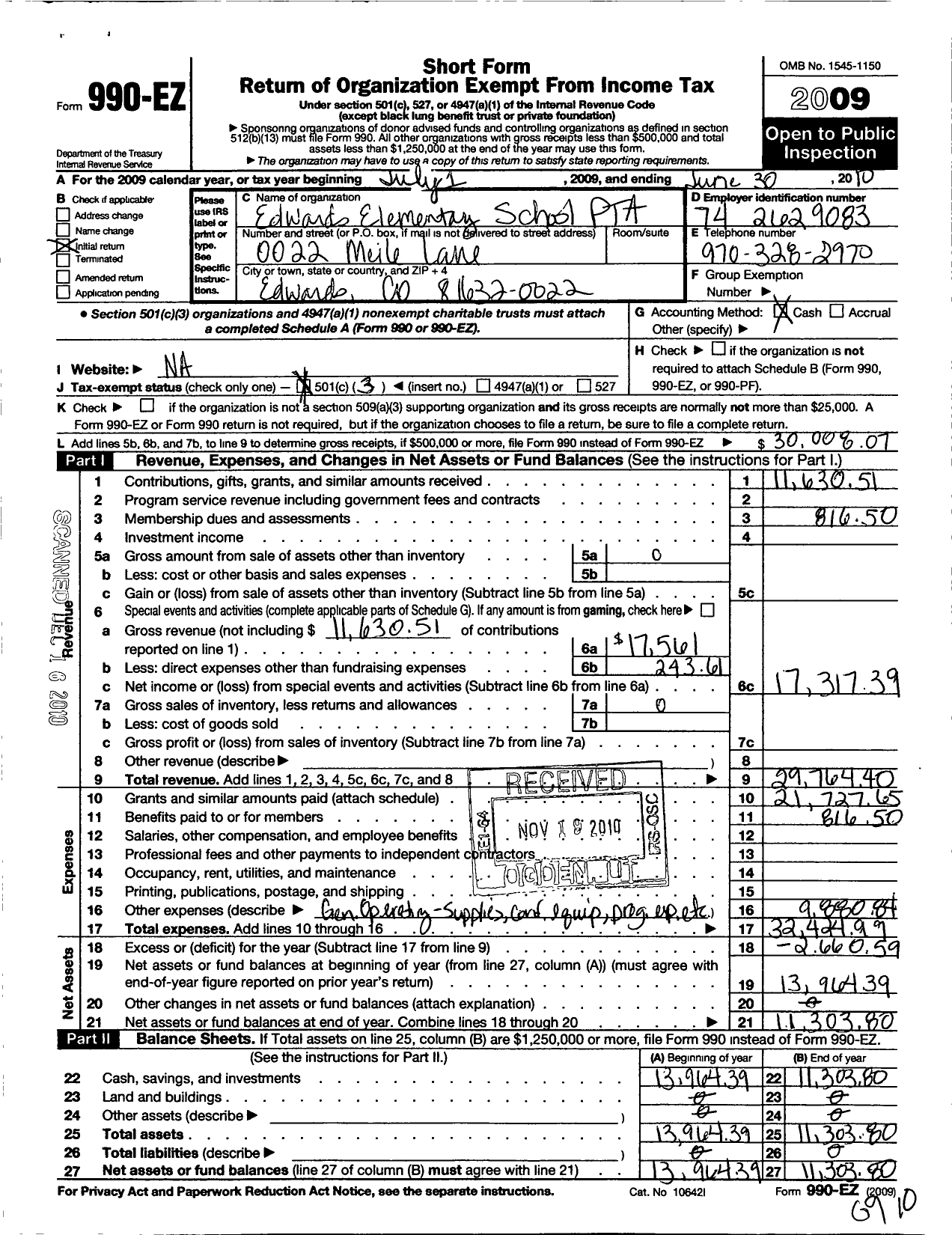 Image of first page of 2009 Form 990EZ for PTA Colorado Congress / Edwards Elementary