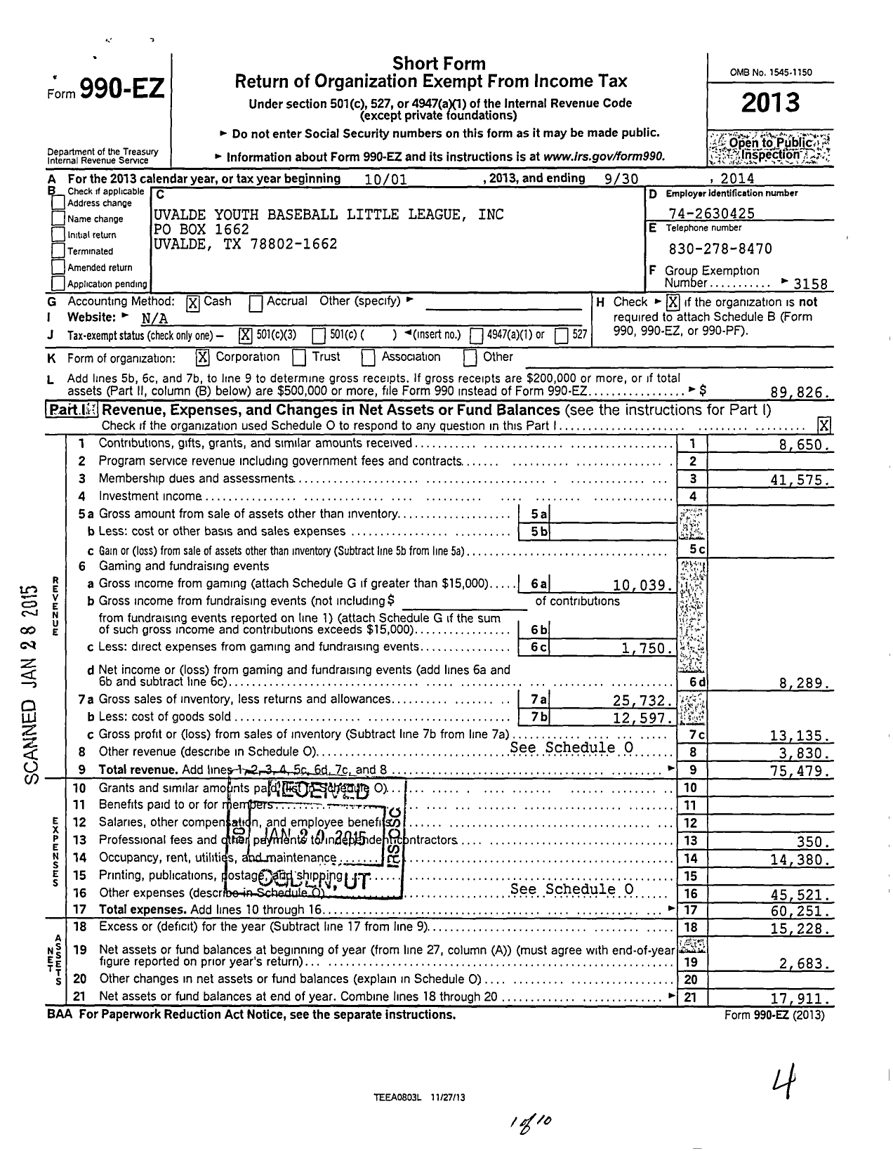 Image of first page of 2013 Form 990EZ for Little League Baseball - 3432111 Uvalde Youth Baseball LL