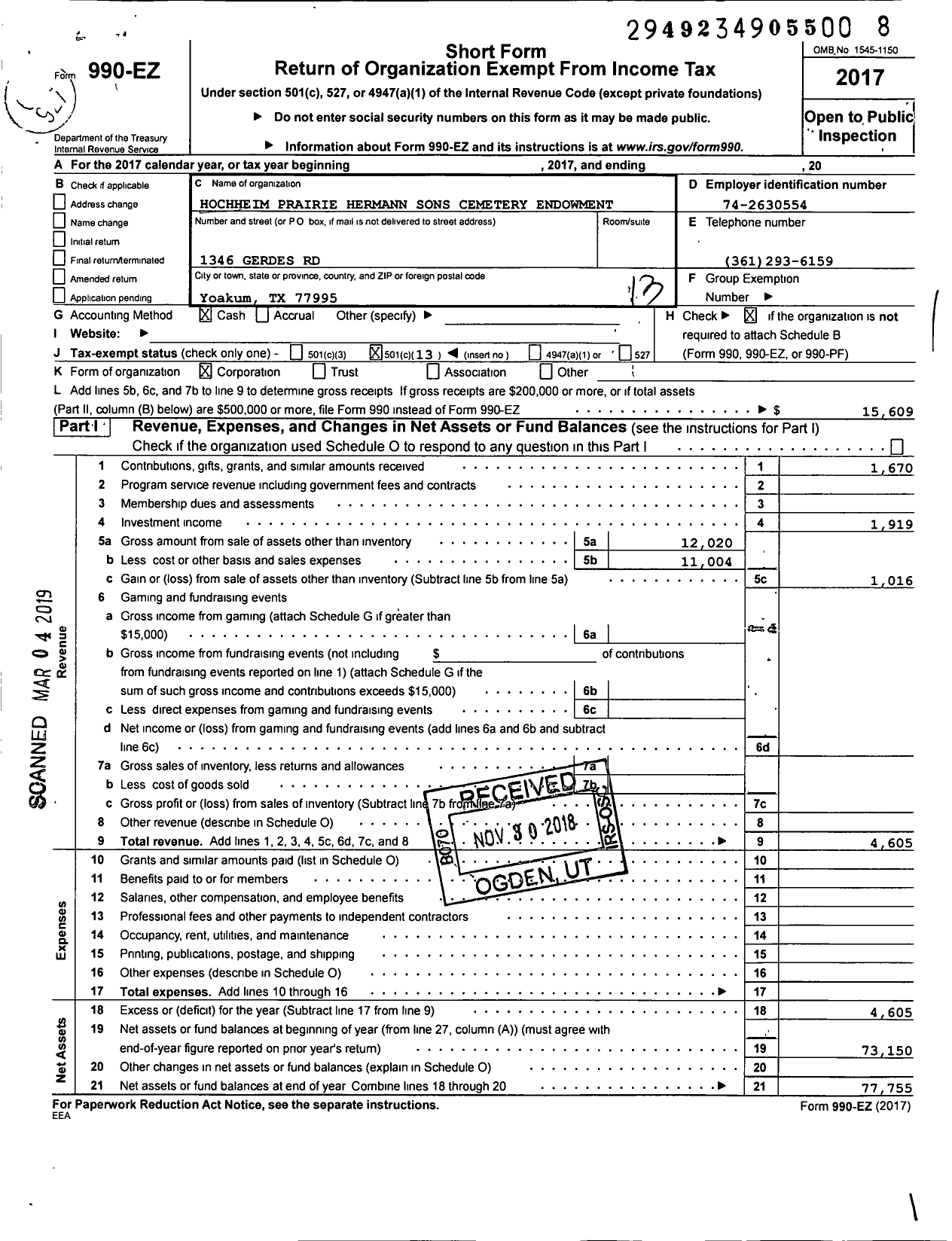 Image of first page of 2017 Form 990EO for Hochheim Prairie Hermann Sons Cemetery Endowment of Yoakum