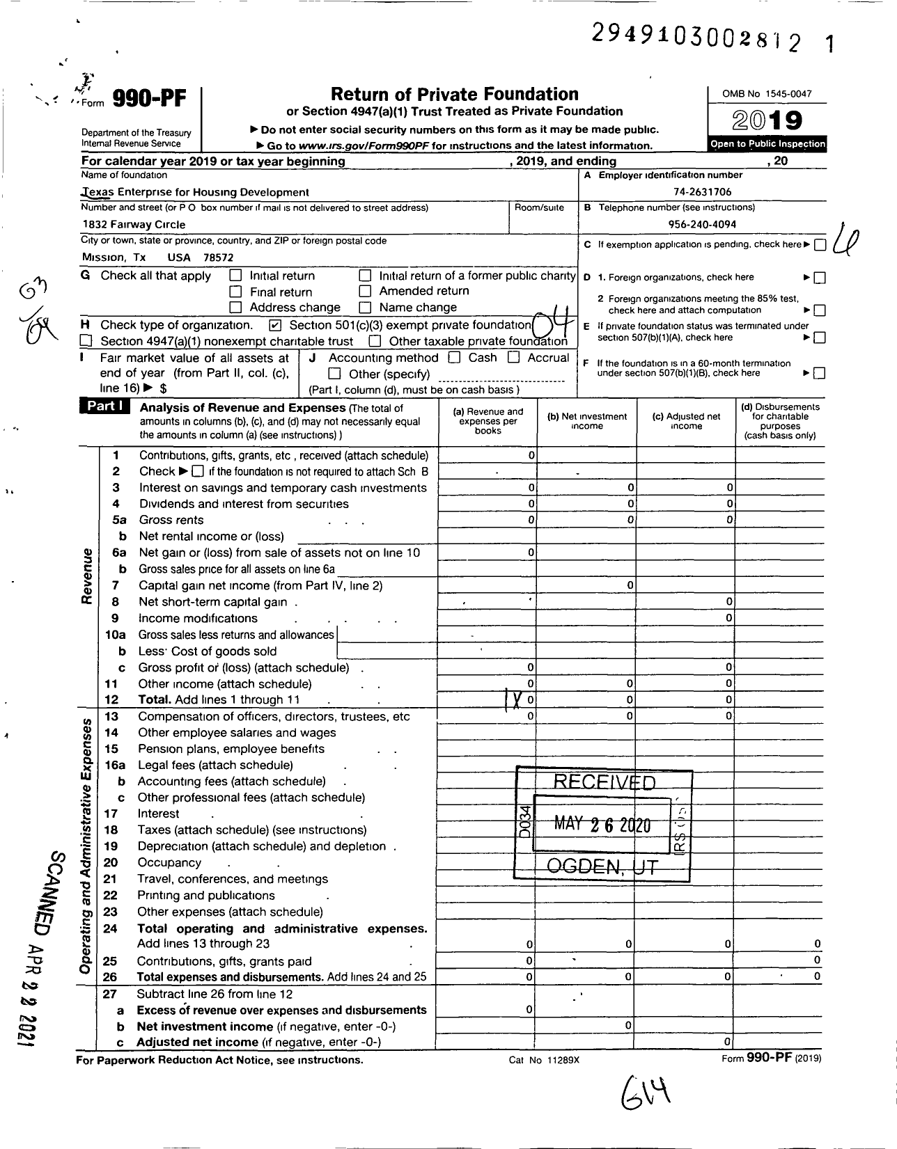 Image of first page of 2019 Form 990PF for Texas Enterprise for Housing Development