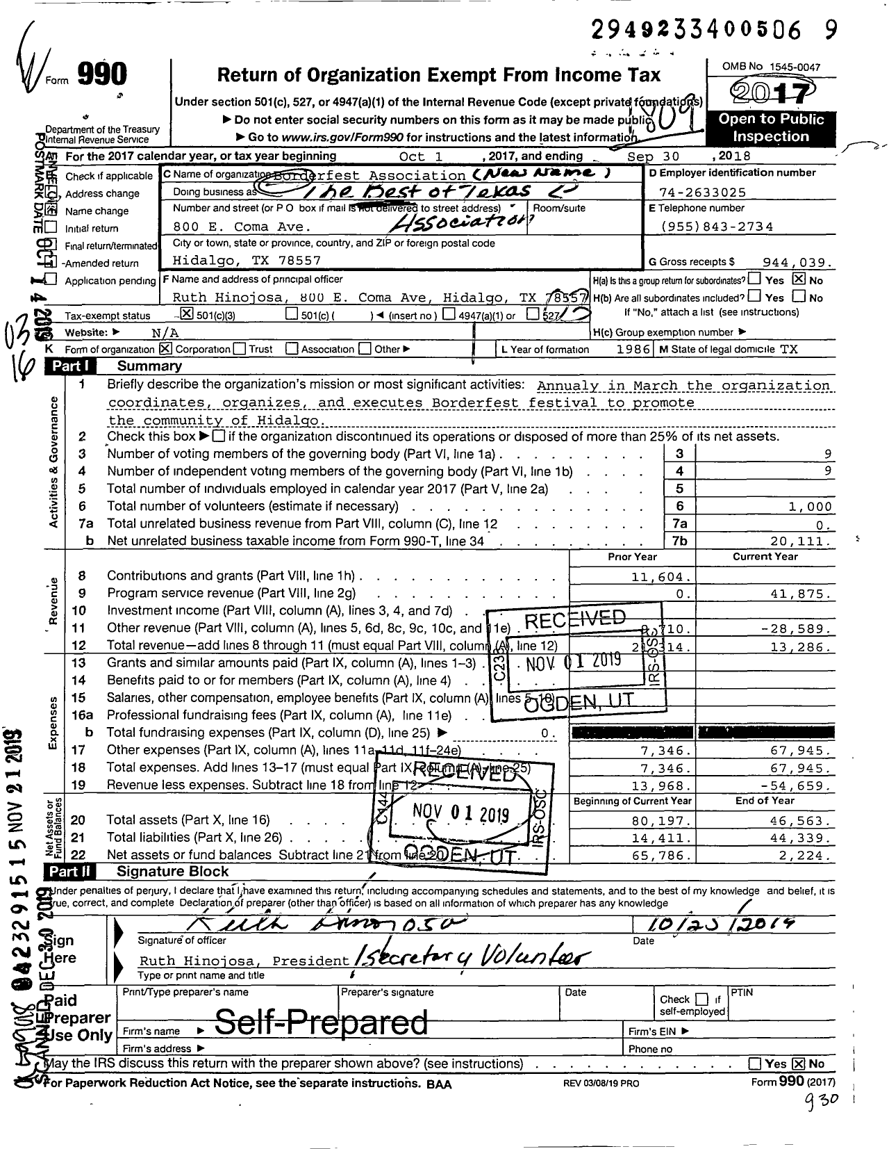 Image of first page of 2017 Form 990 for The Best of Texas Association