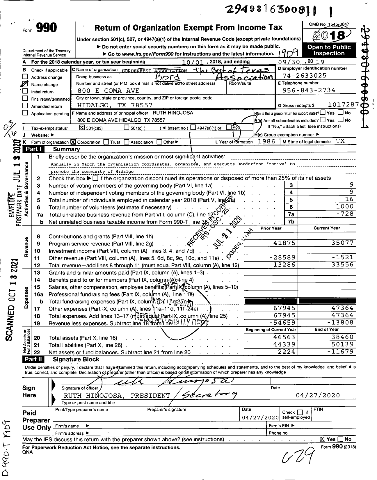 Image of first page of 2018 Form 990 for The Best of Texas Association