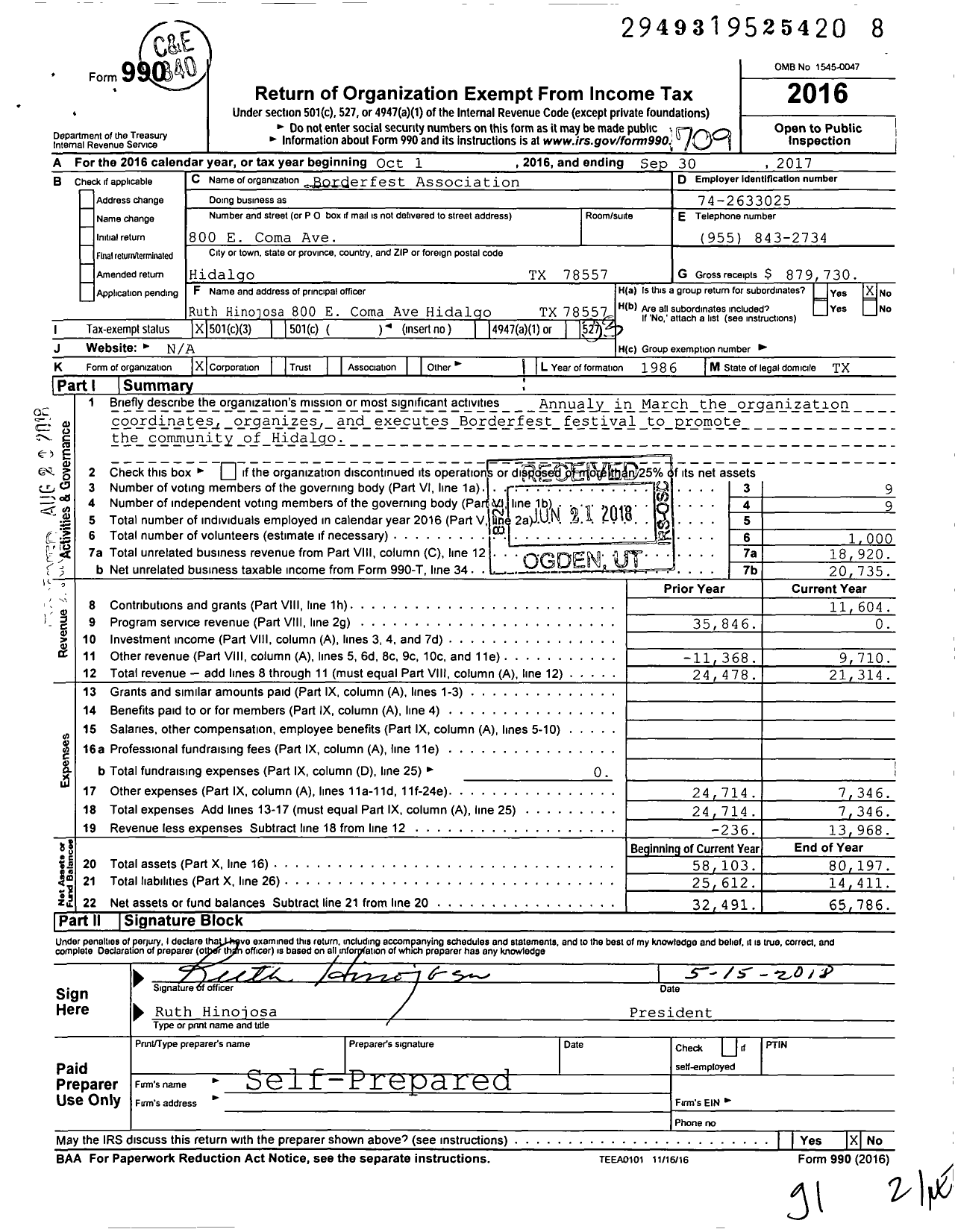 Image of first page of 2016 Form 990 for The Best of Texas Association