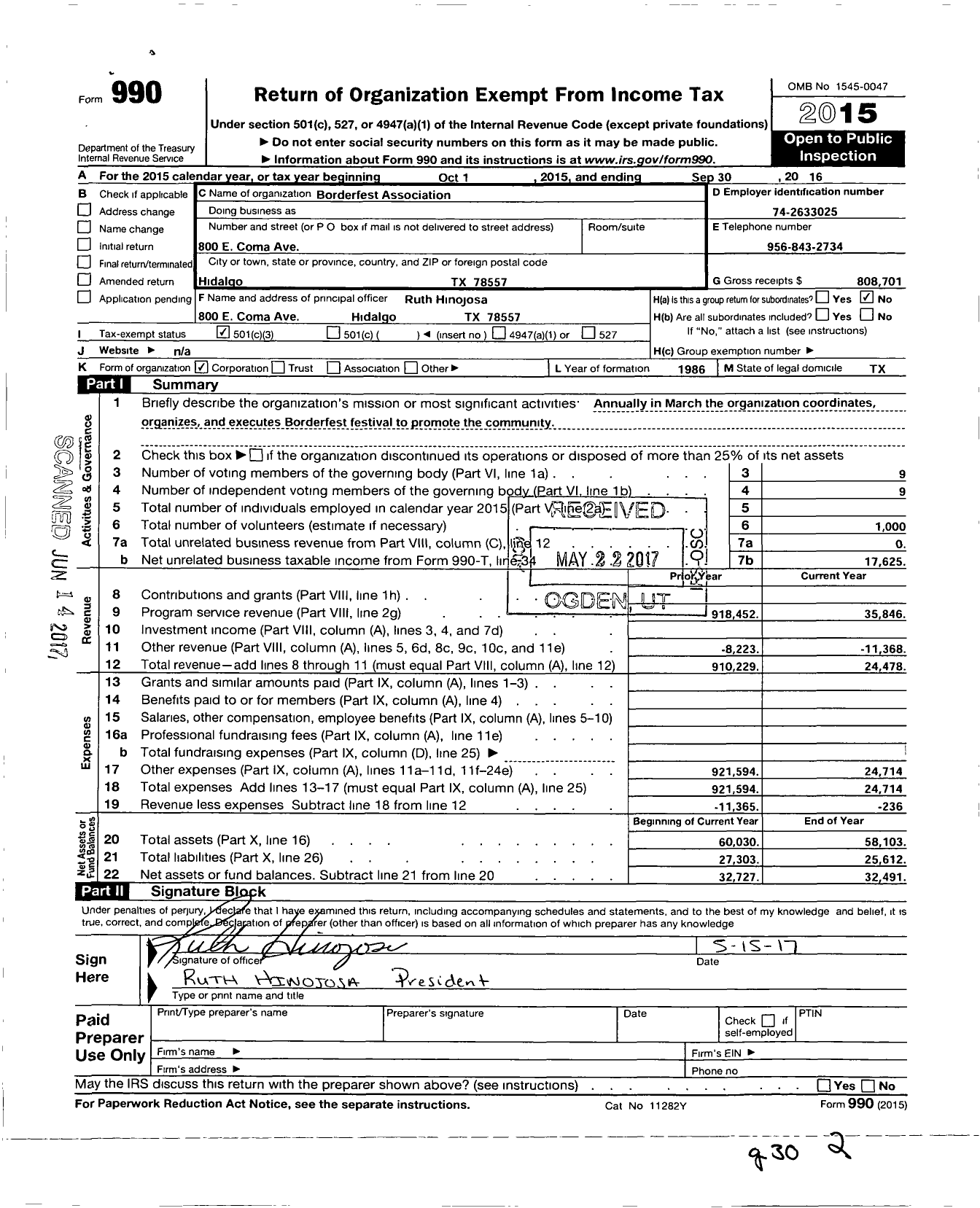 Image of first page of 2015 Form 990 for The Best of Texas Association