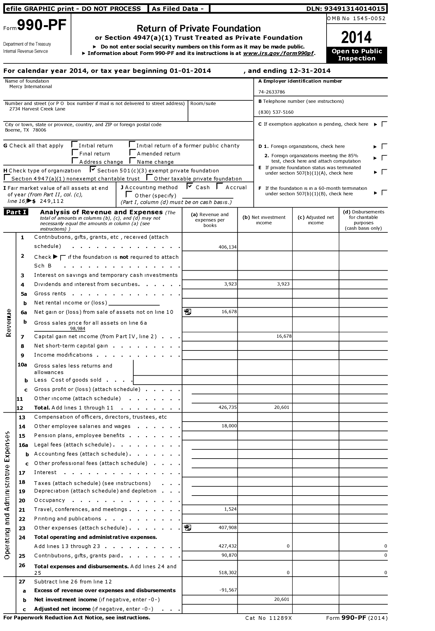 Image of first page of 2014 Form 990PF for Mercy International