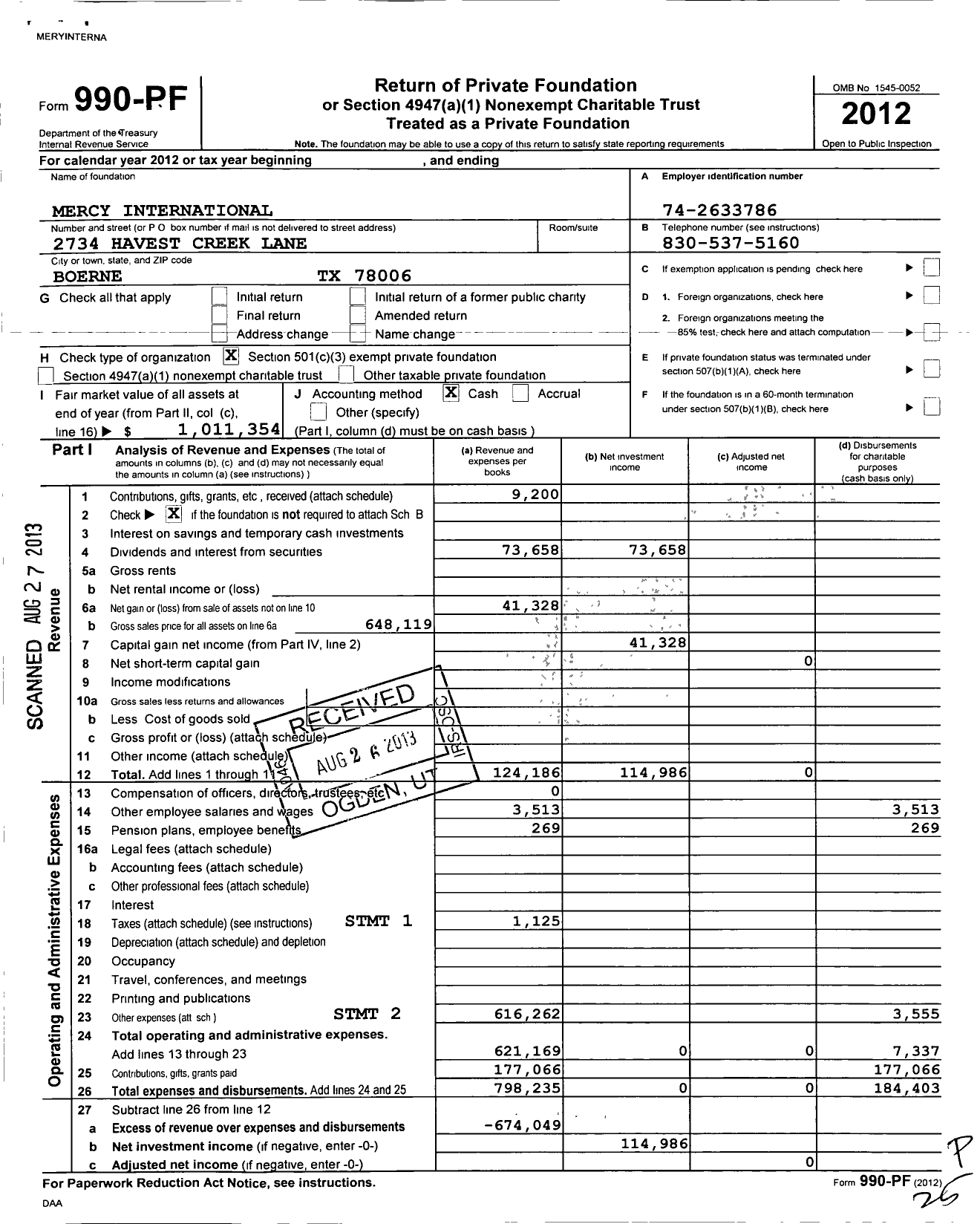 Image of first page of 2012 Form 990PF for Mercy International